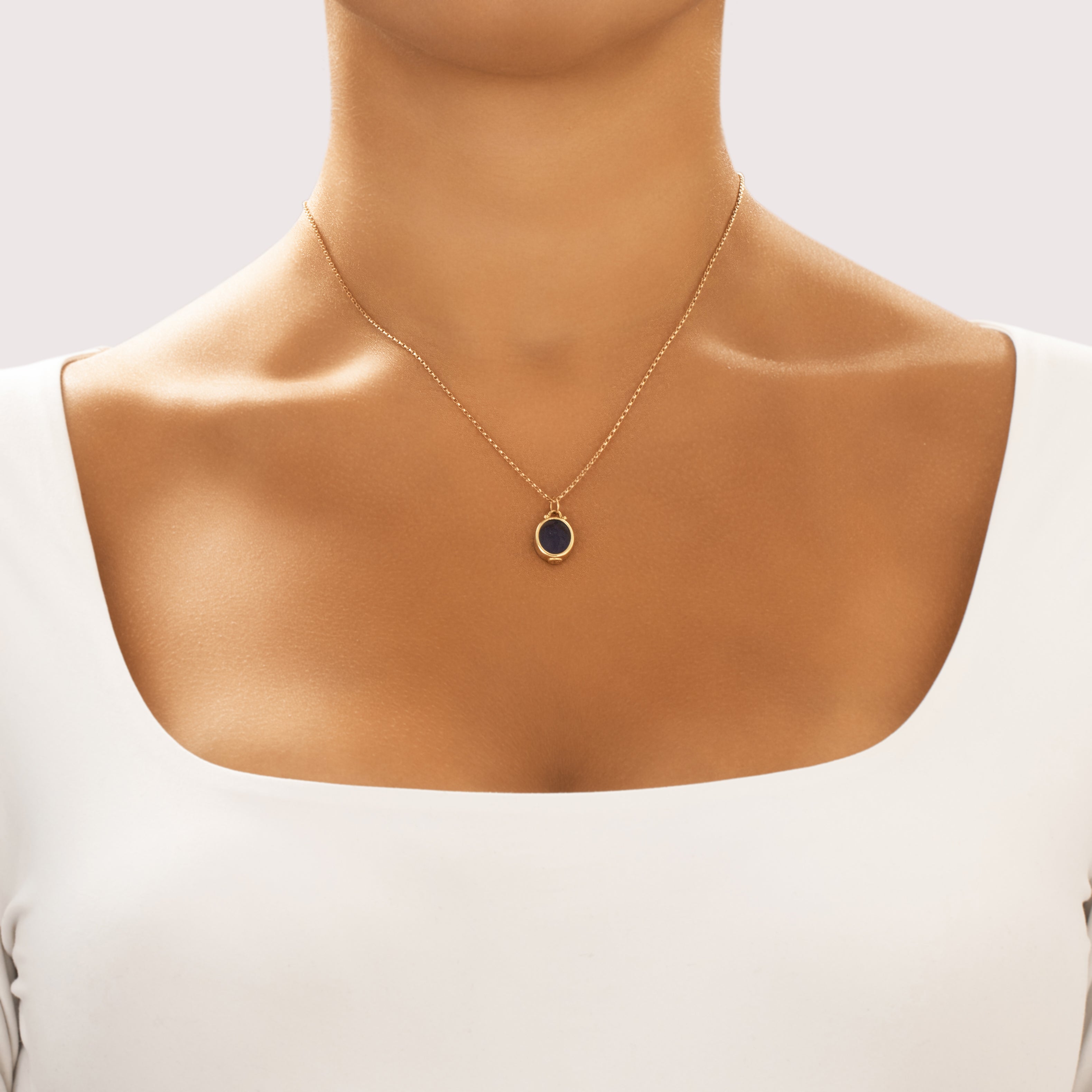 Vintage Italian 18k Yellow Gold Blue Glass Classical-Style Oval Intaglio Charm / Pendant - On model view