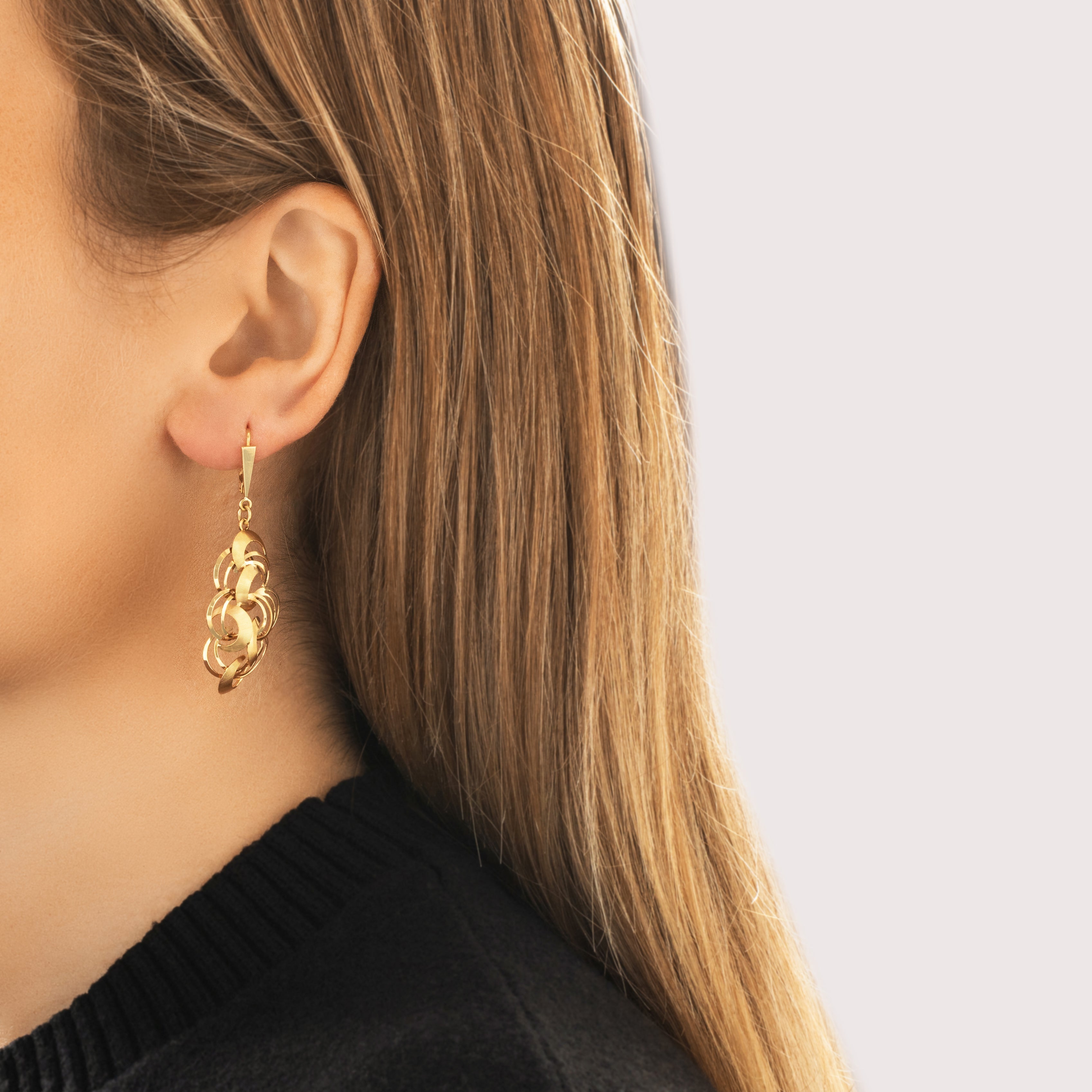 Vintage 14k Yellow Gold Artistic Crescent Cluster Dangle Earrings - On model view