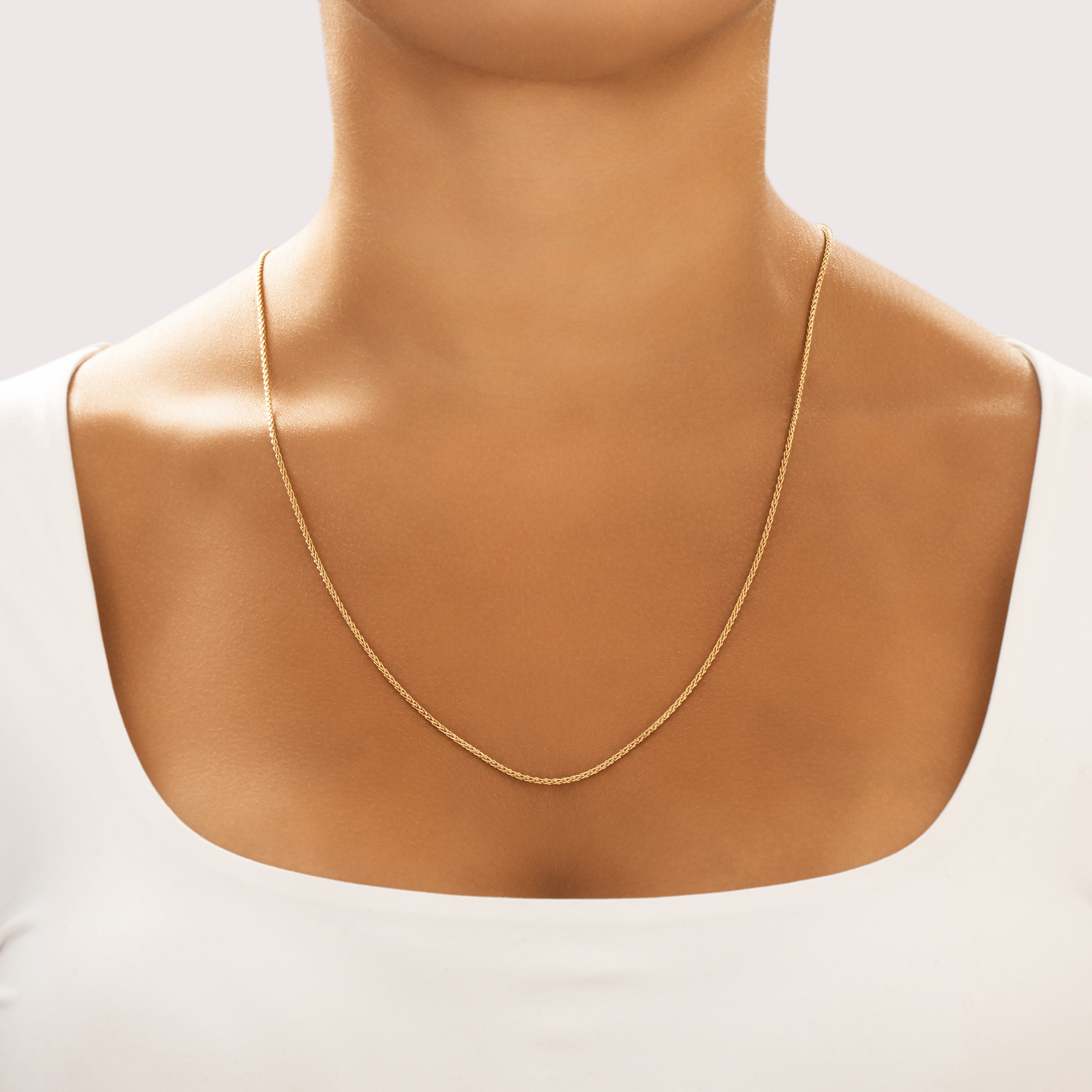 Vintage Italian 14k Yellow Gold 1.5mm Stackable Wheat Chain - On model view