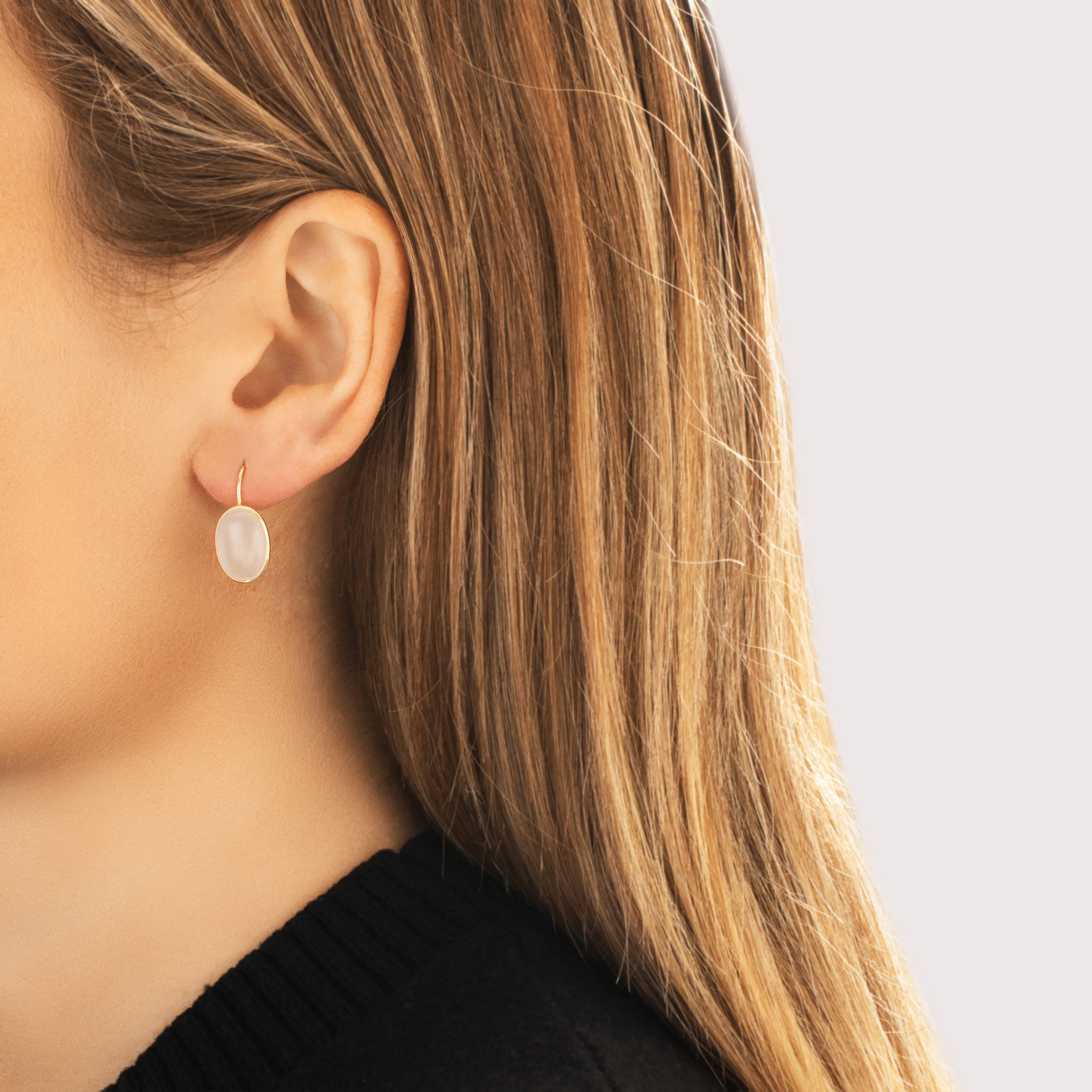 Estate 14k Yellow Gold 8.82cttw Moonstone Glowing Modern Bezel-Set Dangle Earrings - On model view