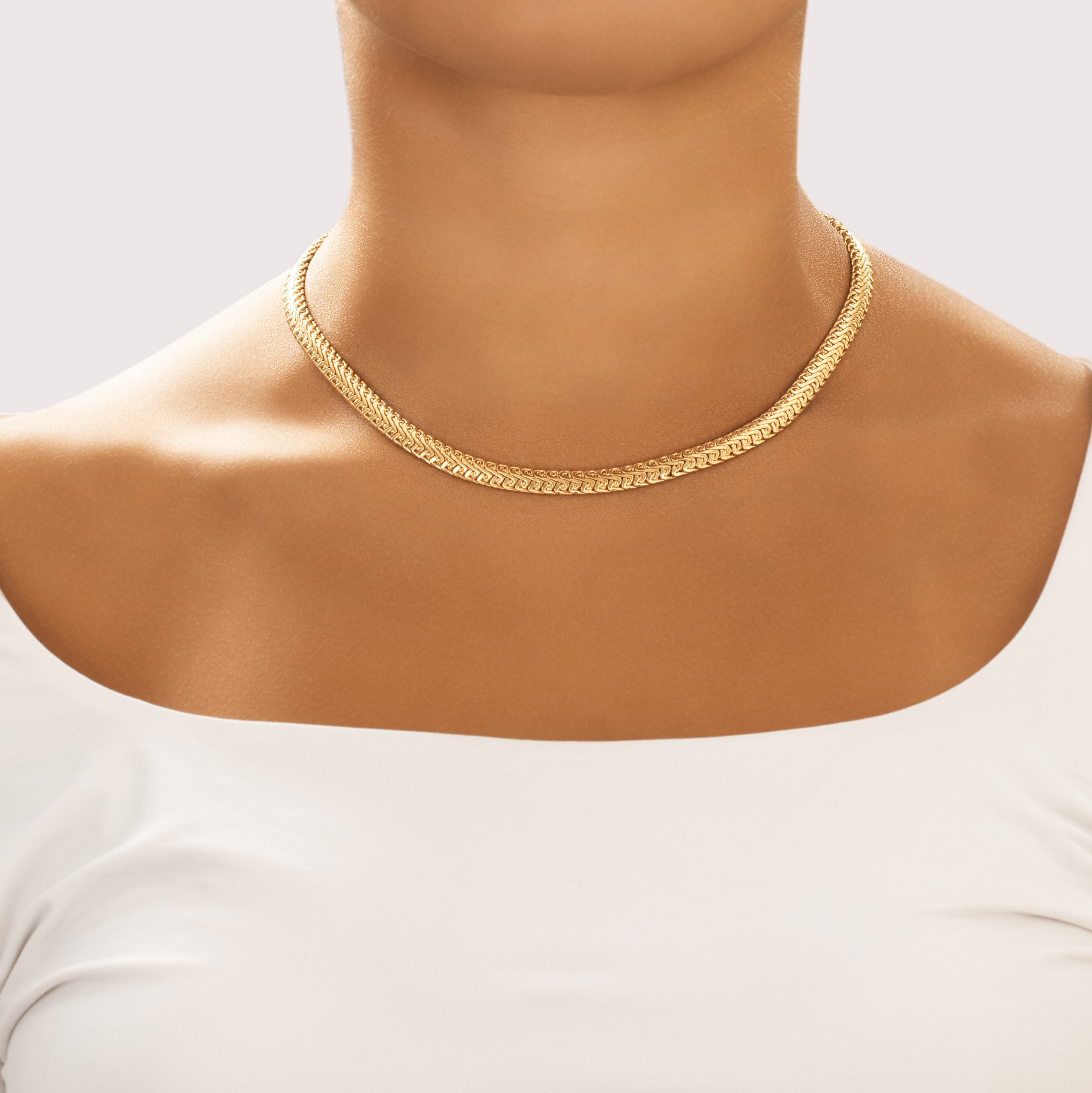 Vintage Italian 18k Yellow & White Gold Dual Opening Flat Artistic Link Necklace - On model view