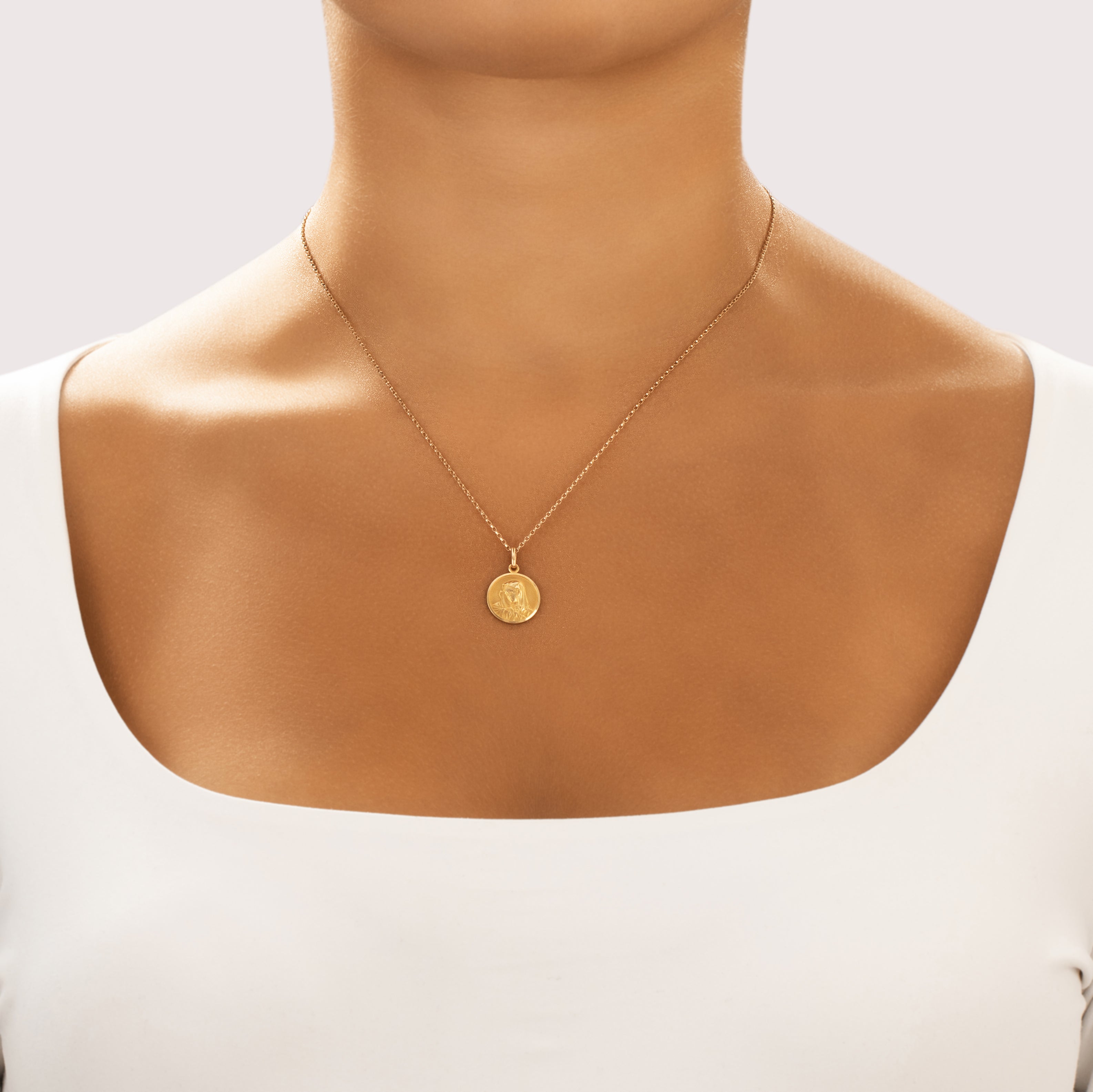 Vintage Italian 18k Yellow Gold Gleaming Mother Mary Charm / Pendant - On model view
