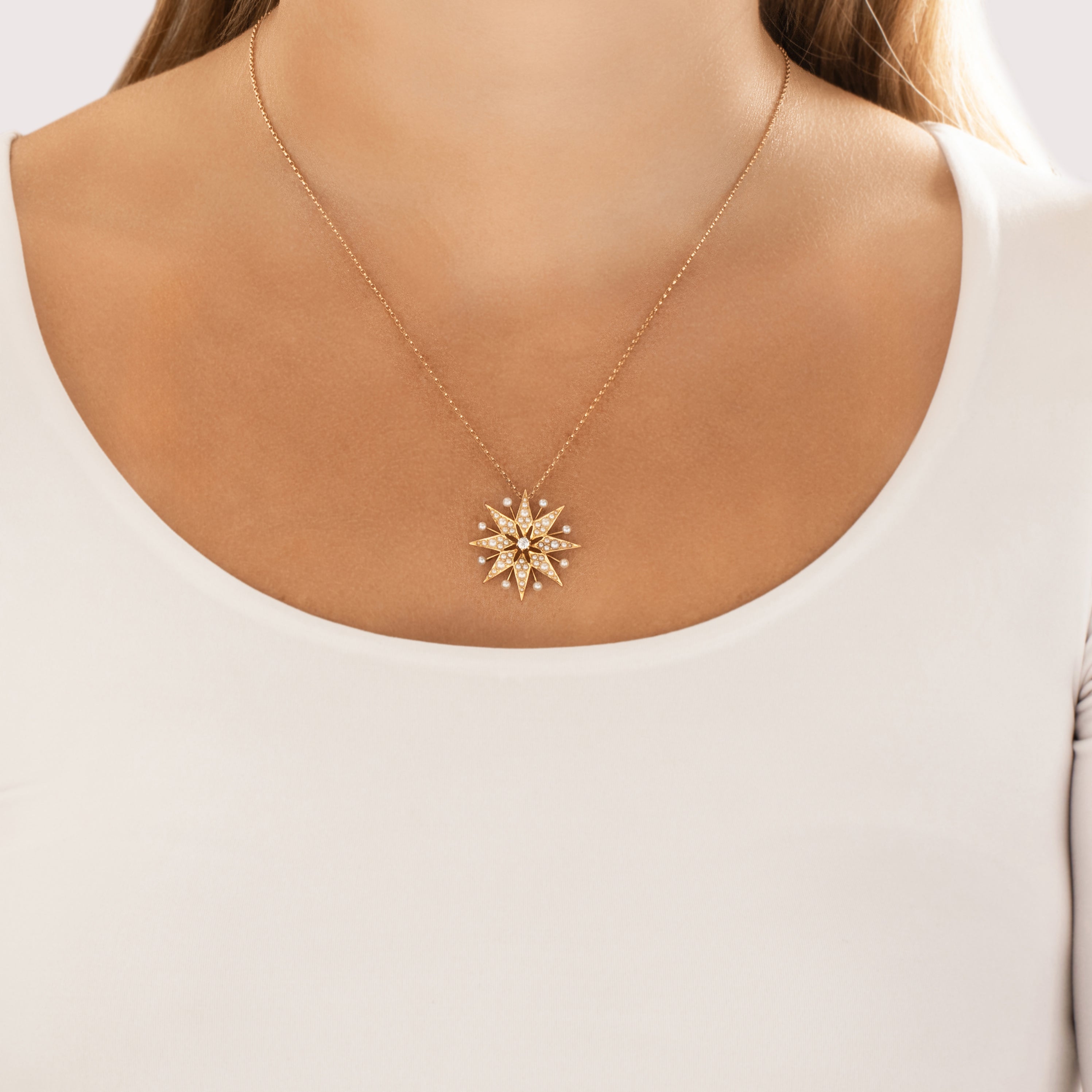 Antique Victorian 14k Yellow Gold Old Mine Cut Diamond Pearl Luminous Celestial Star Slide Pendant - On model view