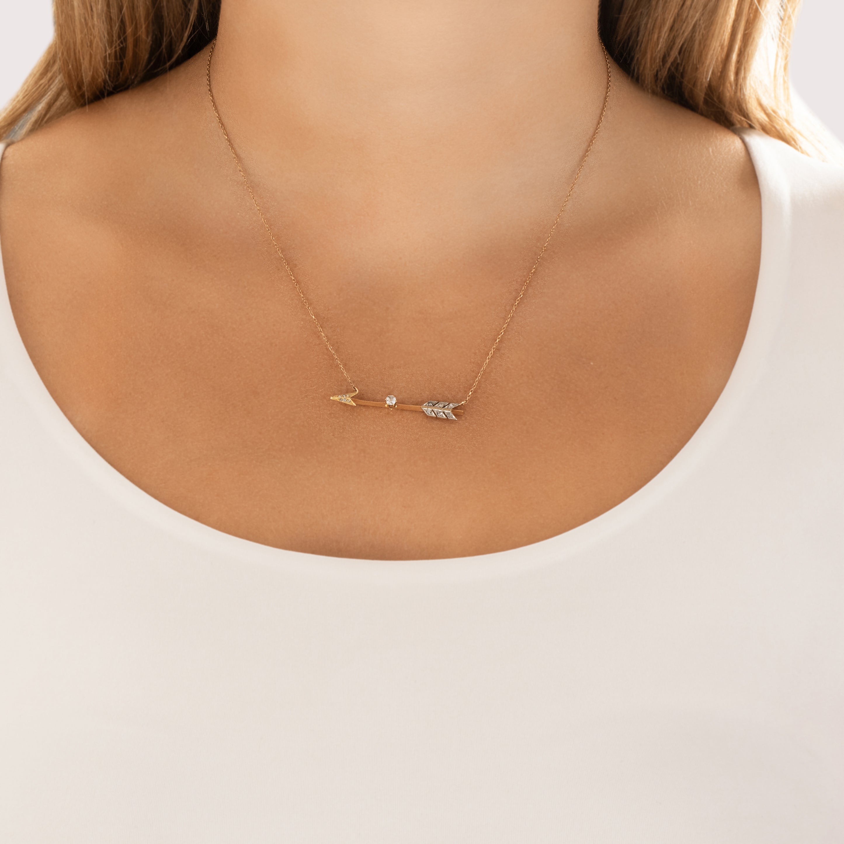 Antique 14k & 18k Yellow Gold Old Mine Cut Diamond Sparkling Flying Arrow Necklace - On model view