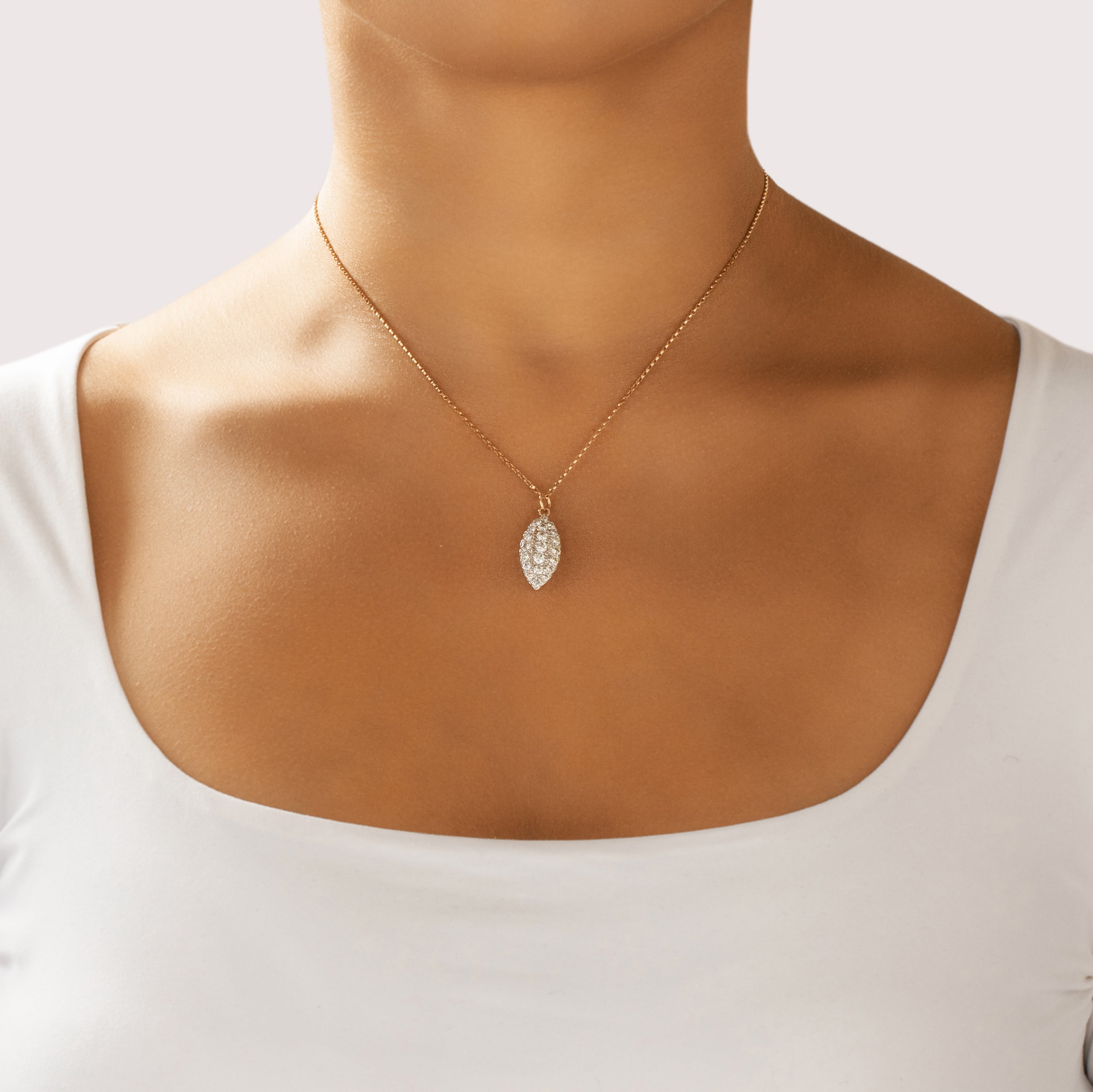 Vintage 14k White & Yellow Gold 1.17cttw Diamond Sparkling Pavã© Navette Pendant - On model view