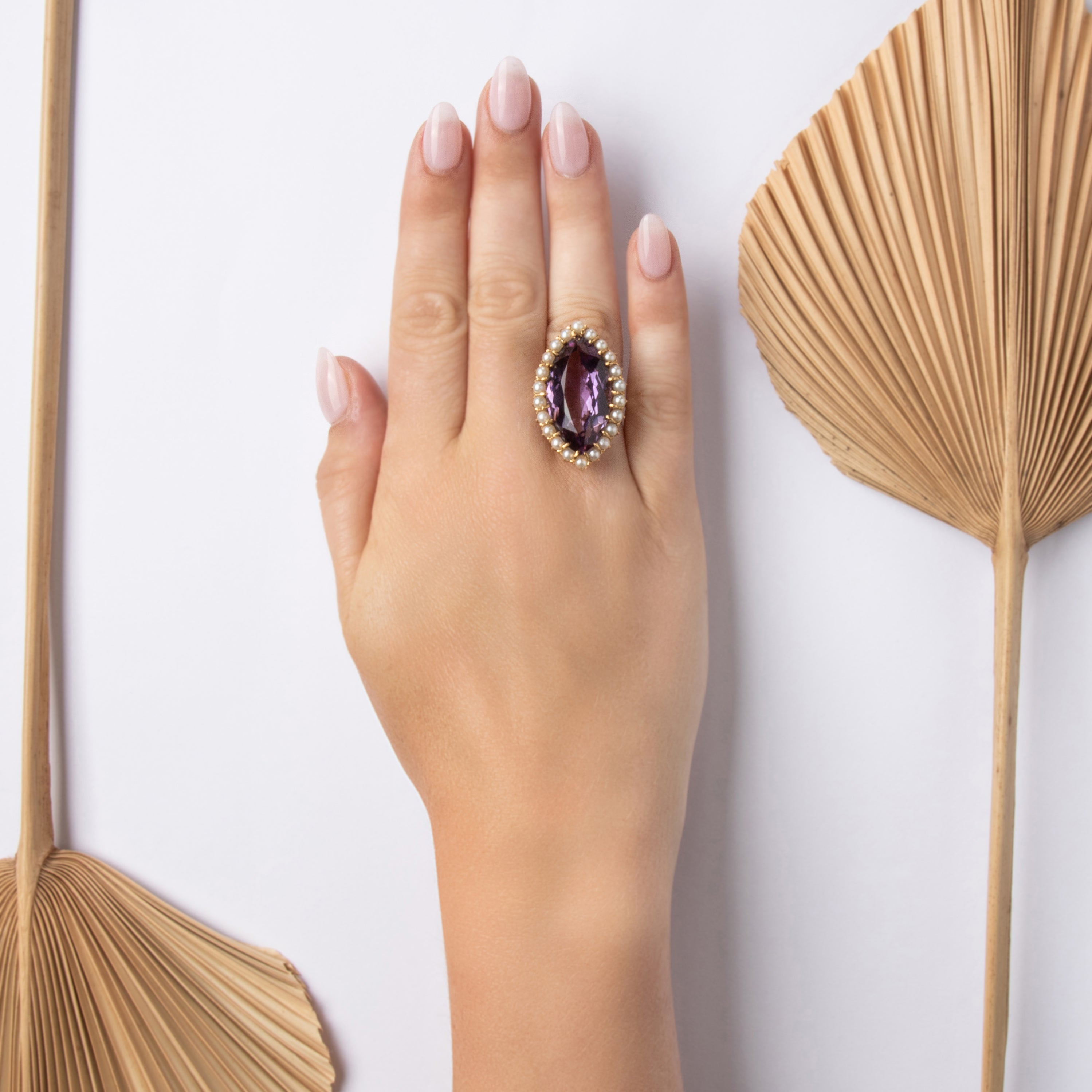 Vintage 18k Yellow Gold 16.47ct Amethyst Pearl Oversized Dramatic Navette Halo Cockail Ring - On model view