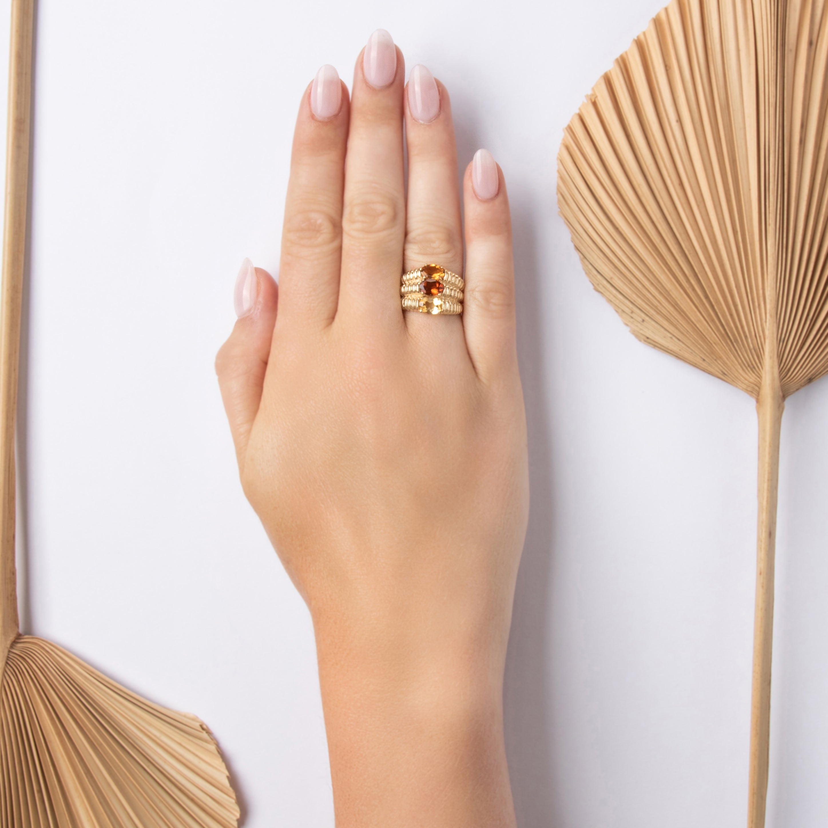 Vintage 10k Yellow Gold 1.8cttw Pale Yellow Palmeira Honey Citrine Sunny Ribbed Trio Ring - On model view