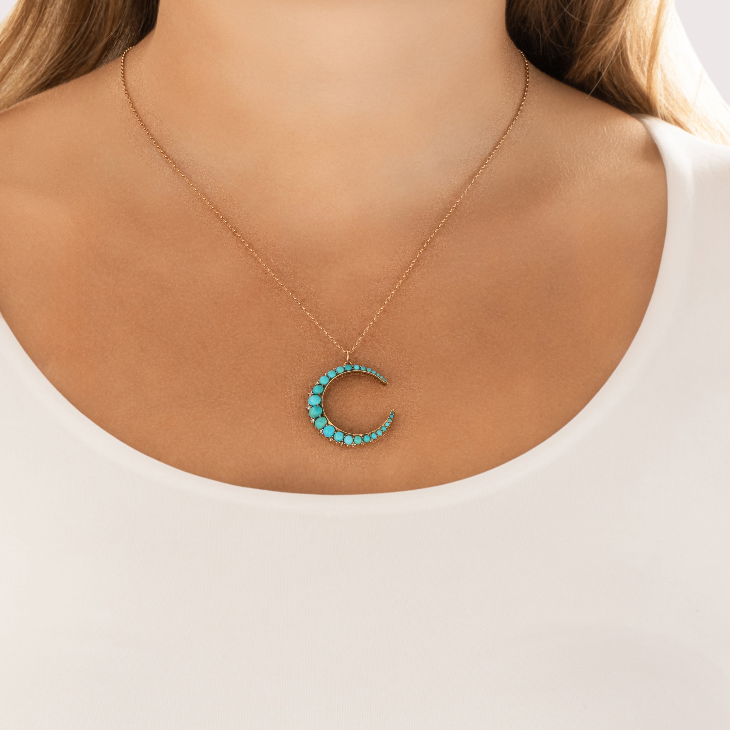 Antique Victorian Large 14k Yellow Gold Diamond Turquoise Fantastic Vivid Moon Pendant - On model view