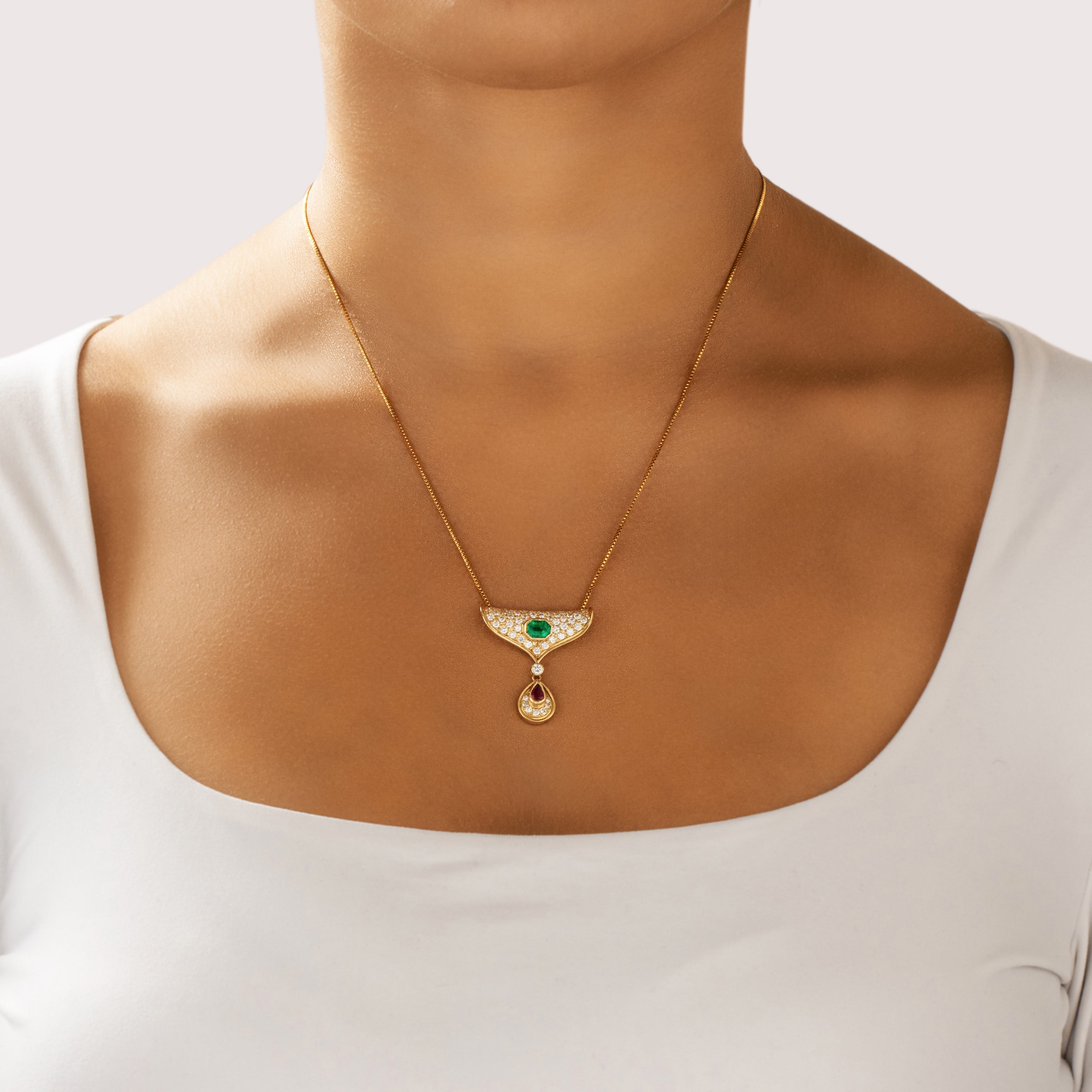 Vintage 18k Yellow Gold .5ct Emerald 1.04cttw Diamond Ruby Elegant Teardrop Dangle Slide Pendant - On model view