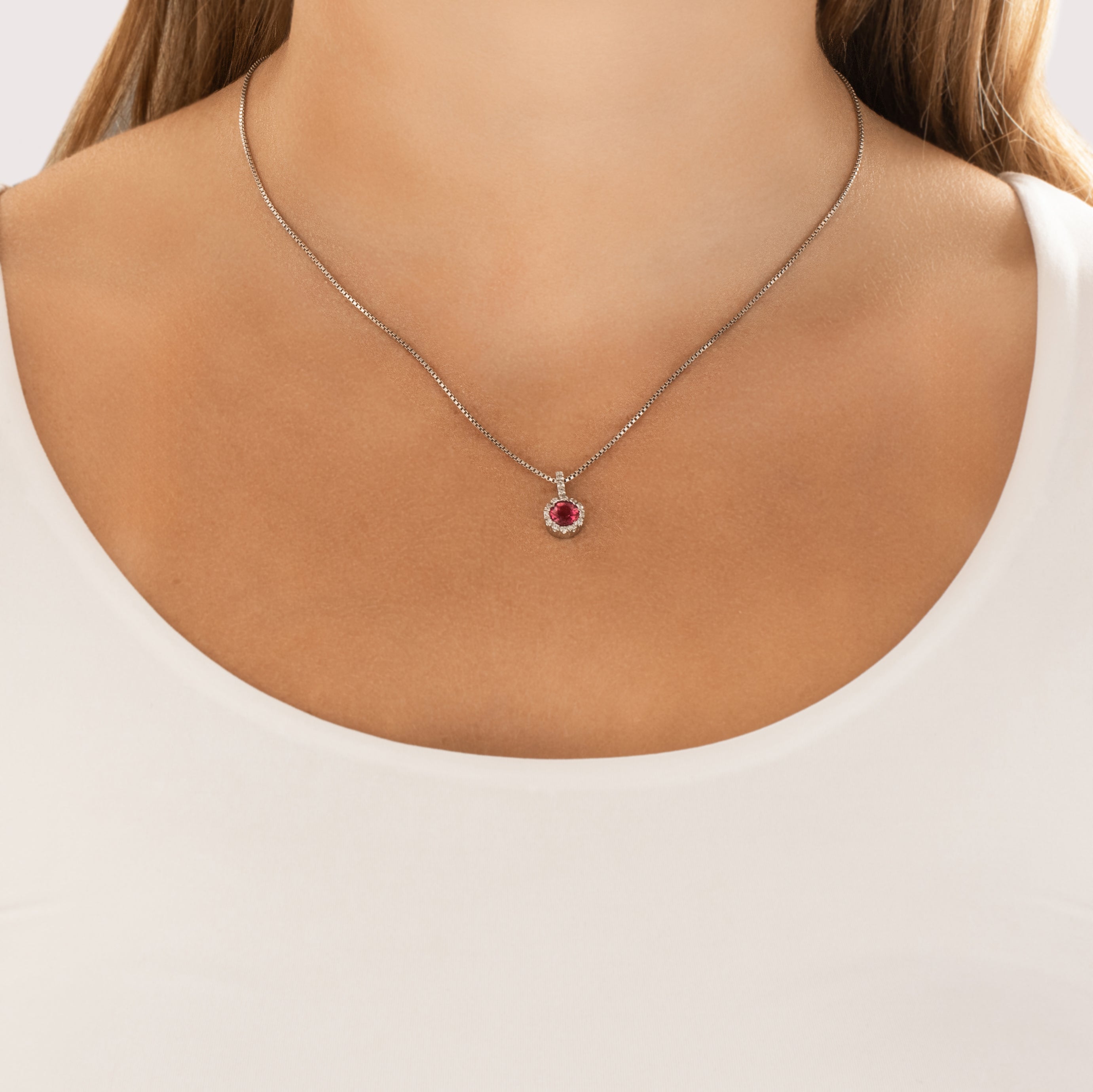 Vintage Small 14k White Gold .85ct Pink Tourmaline Diamond Round Halo Drop Pendant - On model view