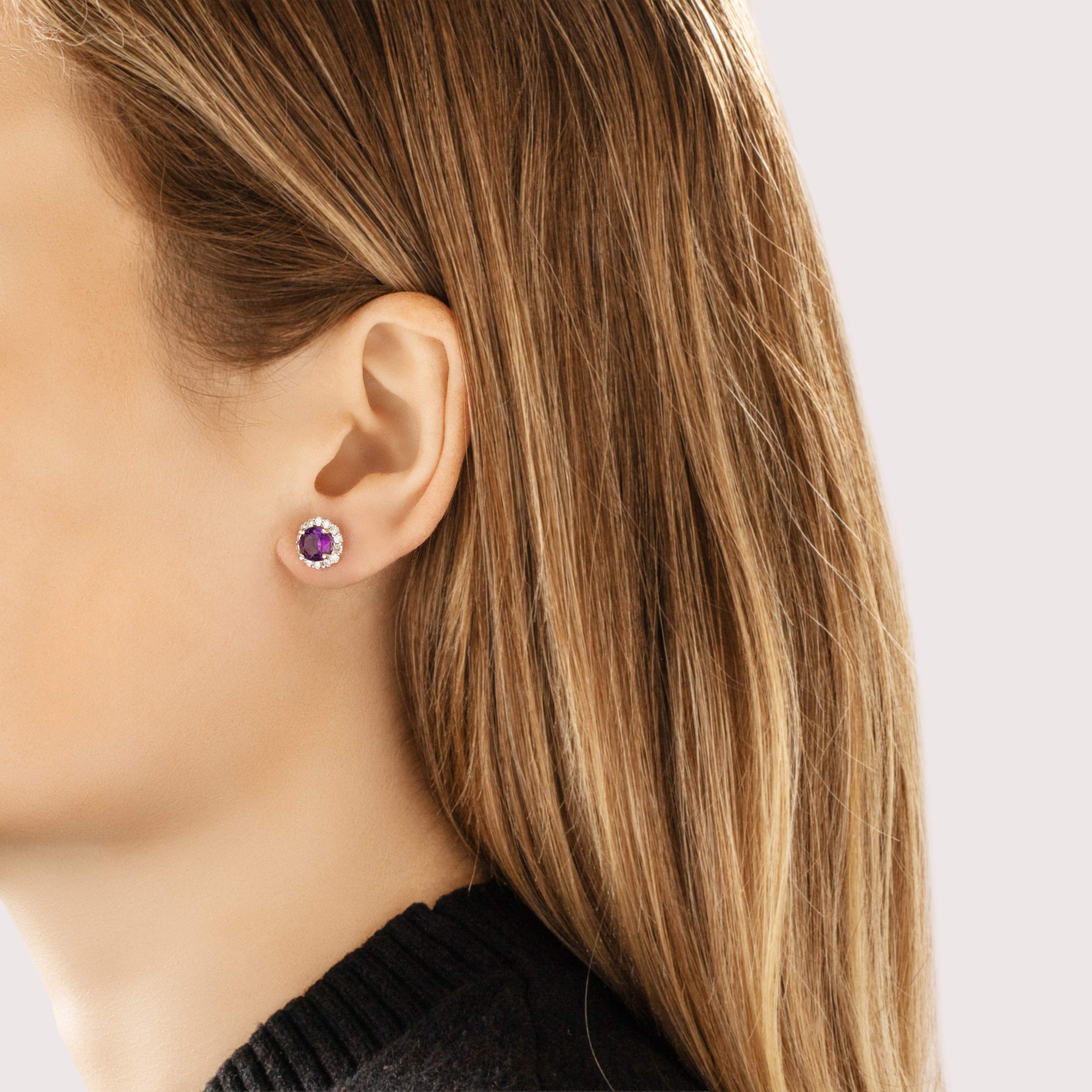 Vintage 14k White Gold 1.17cttw Amethyst Diamond Stunning Bright Halo Stud Earrings - On model view