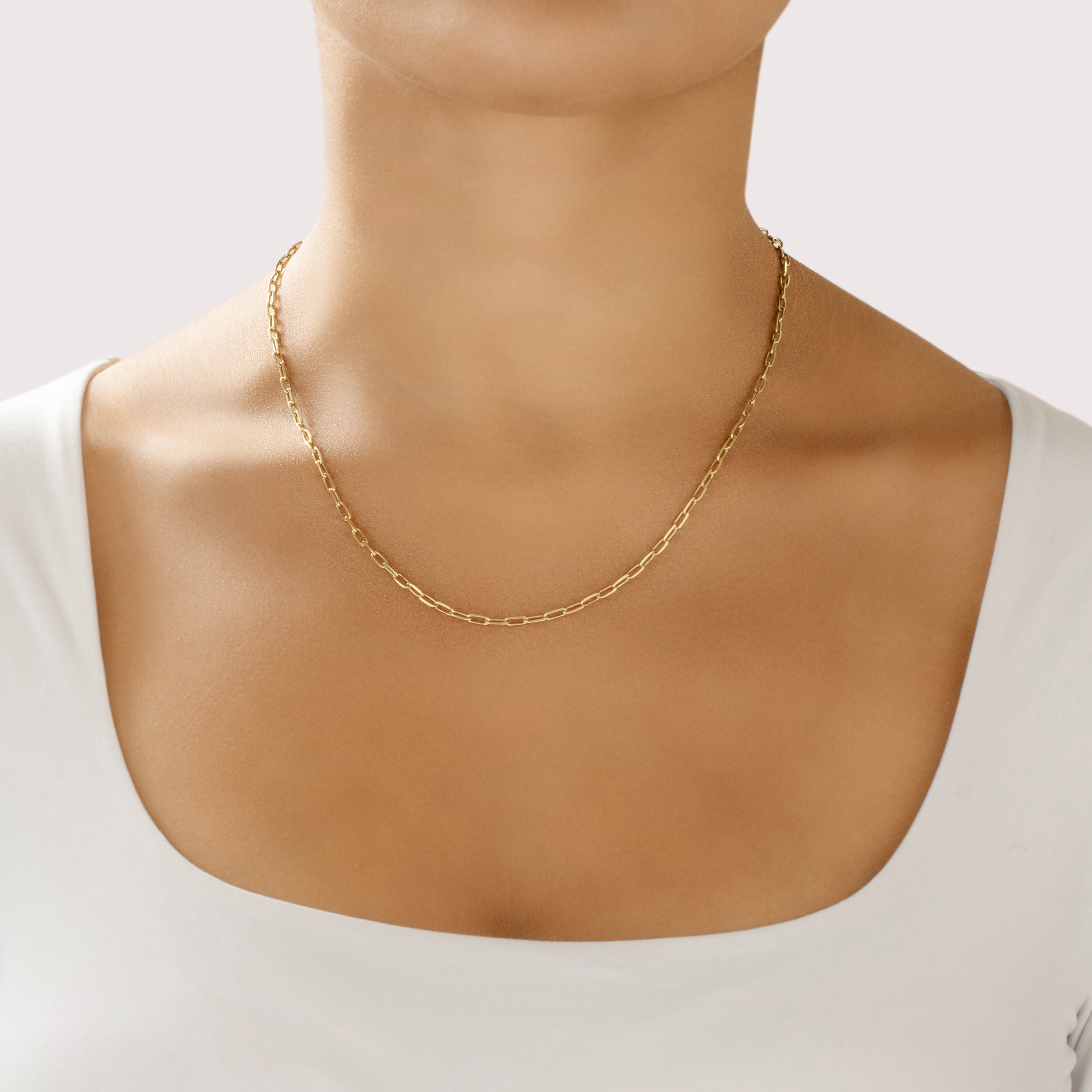 Vintage Italian 14k Yellow Gold 2.7mm Dimensional Paperclip Link Chain - On model view