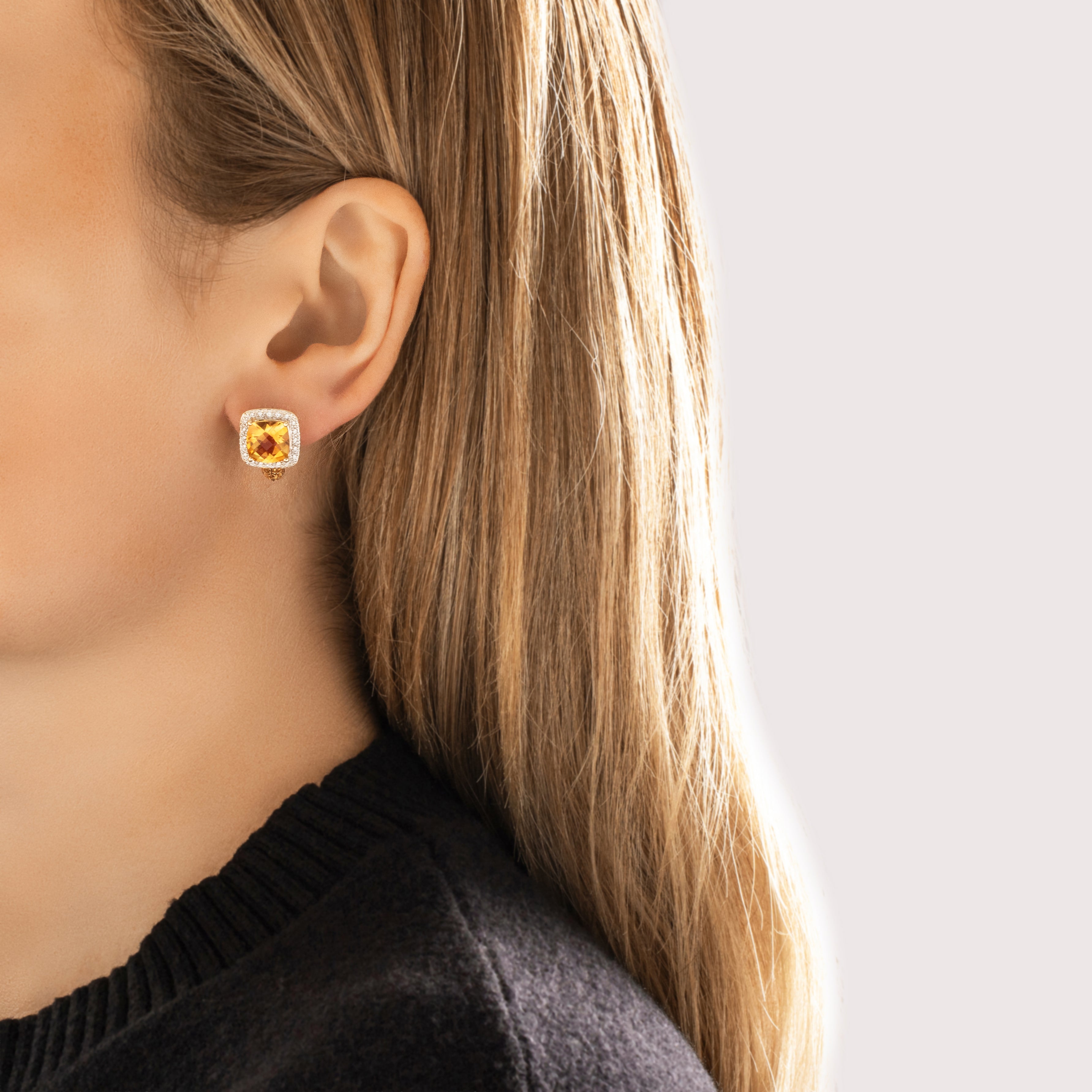 Vintage 14k Yellow Gold 5.87cttw Citrine Diamond Checkerboard Cushion Halo Hoop Earrings - On model view