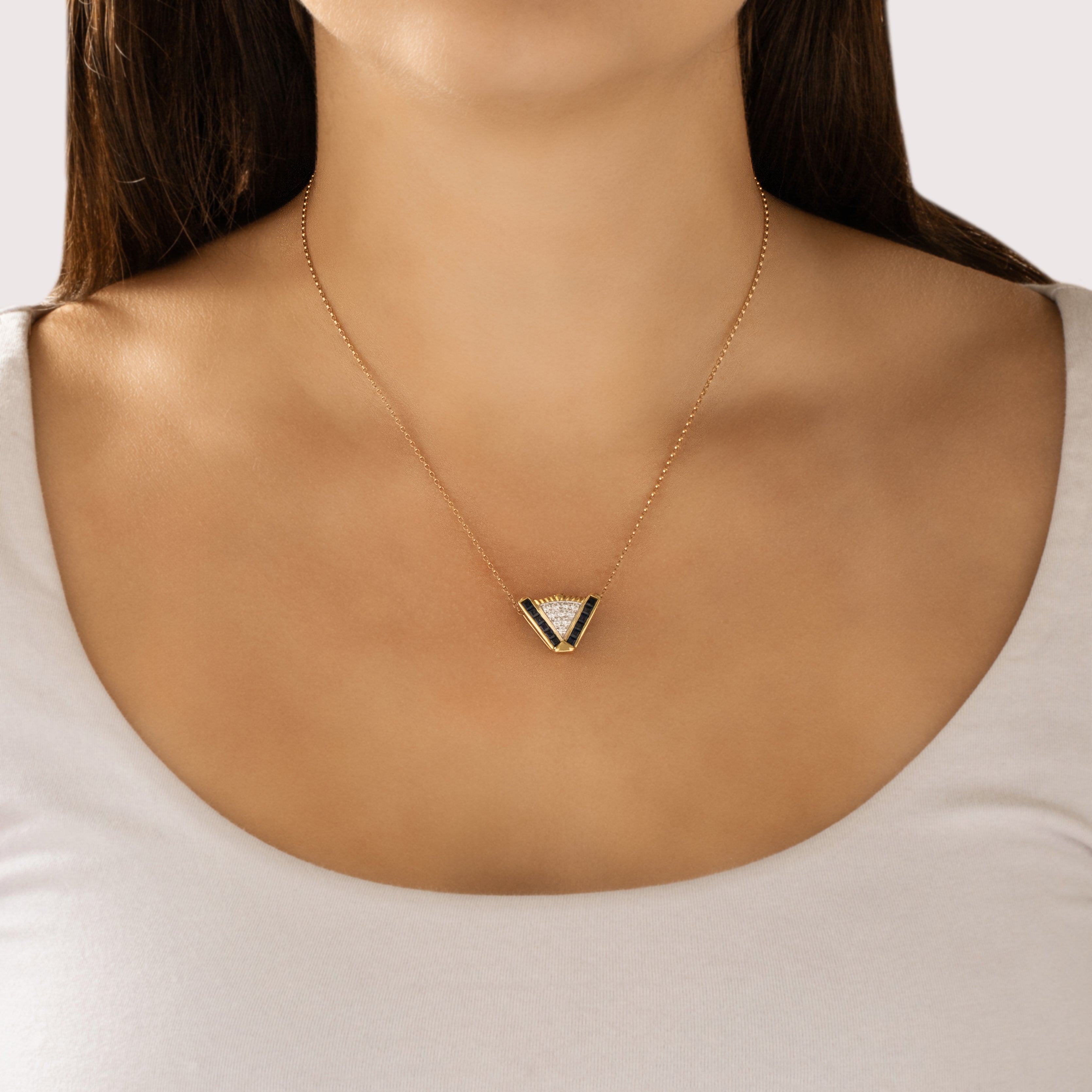 Vintage 18k Yellow Gold .6cttw Blue Sapphire Diamond Geometric V Channel Slide Pendant - On model view