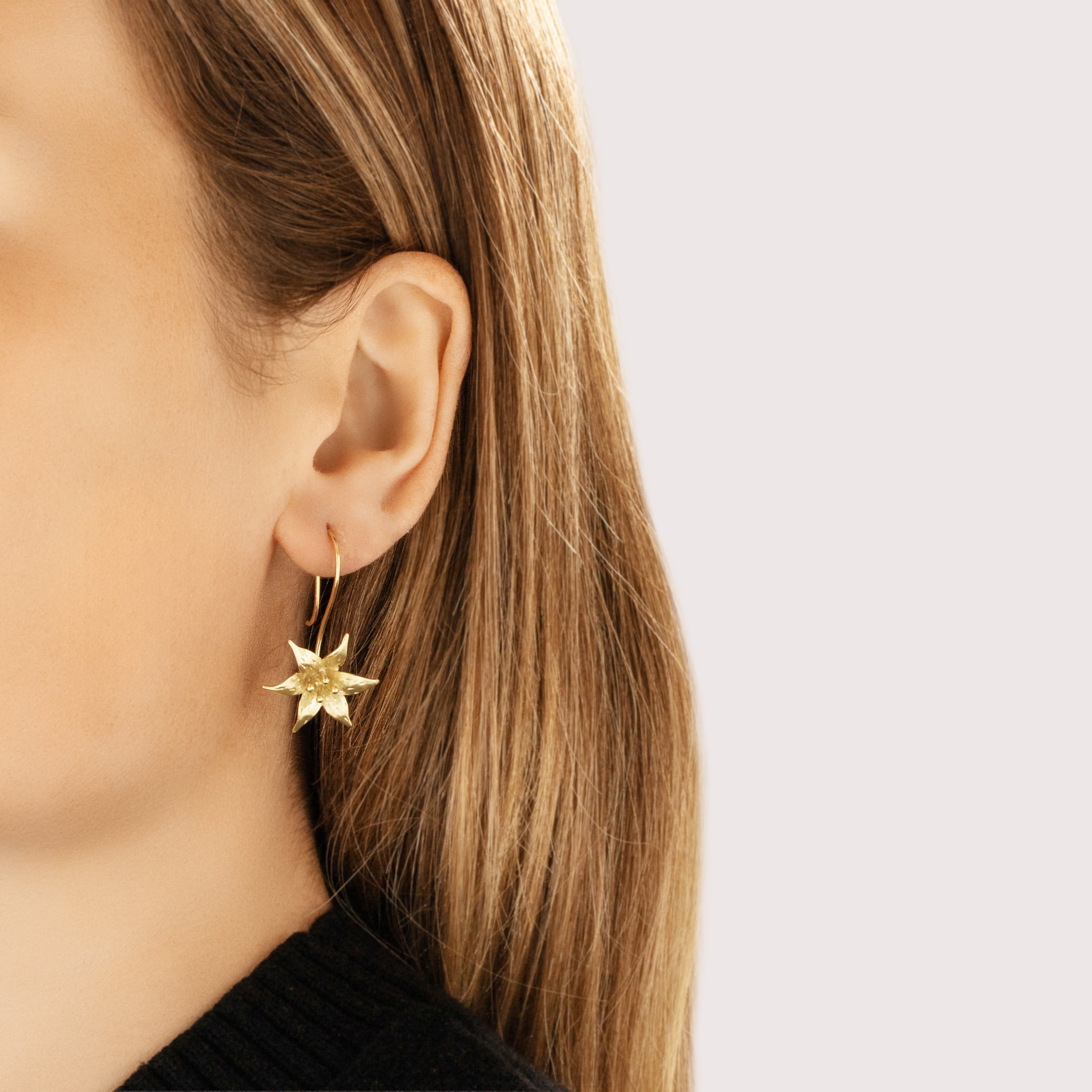 Vintage 14k Yellow Gold Elegant Sculptural Lily Flower Drop Earrings - On model view