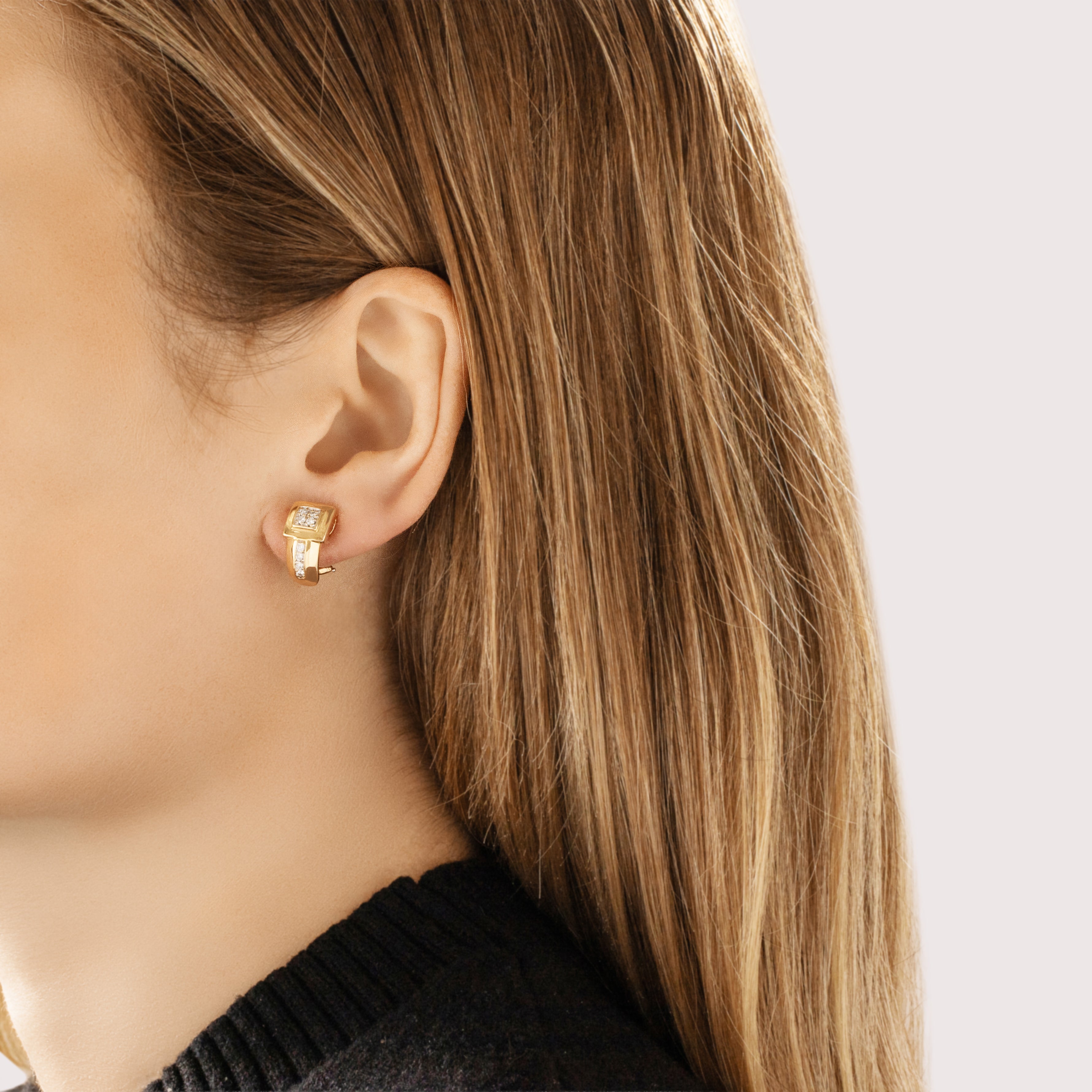 Vintage 14k Yellow Gold Diamond Sparkling Geometric Half-Hoop Omega Back Earrings - On model view