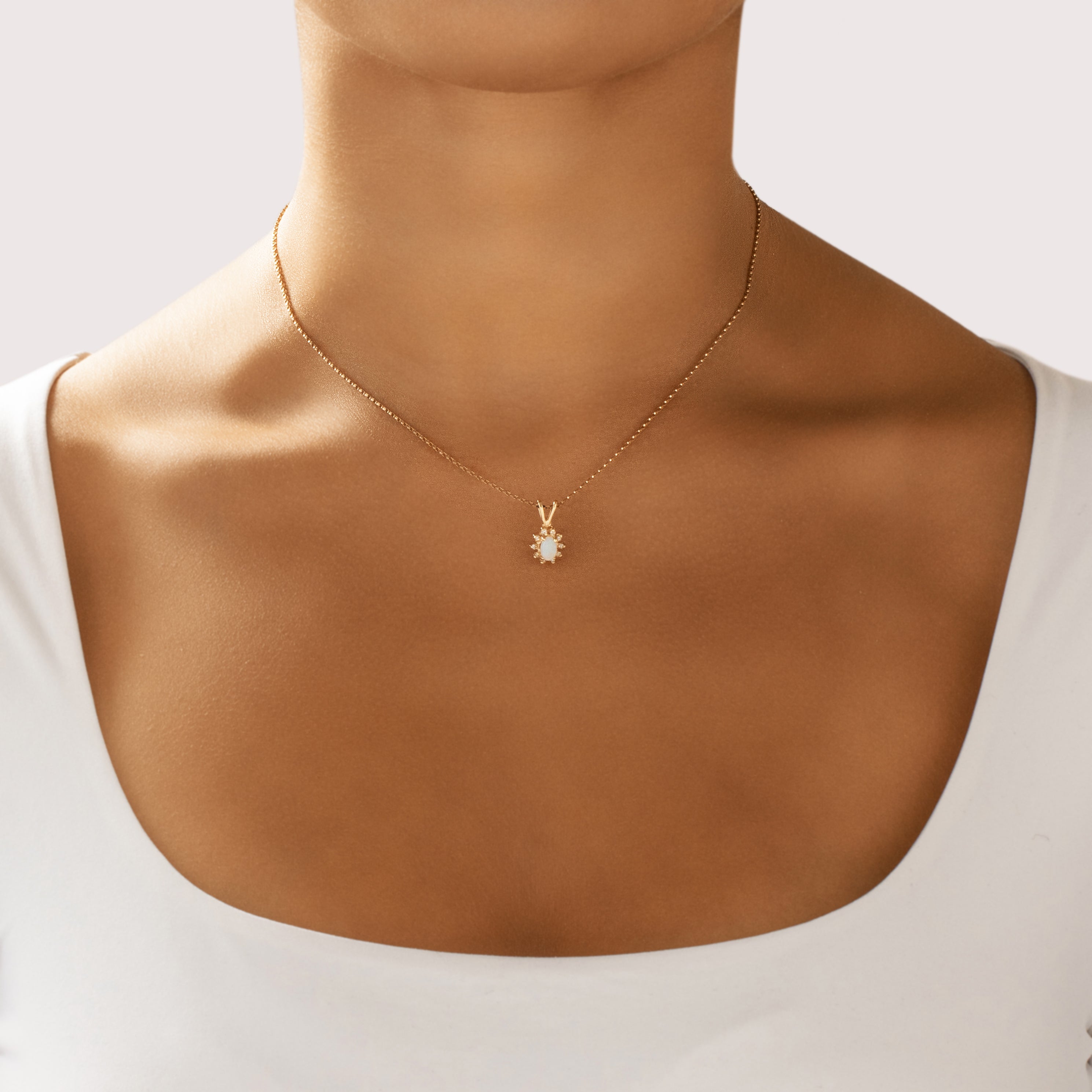 Vintage 14k Yellow Gold Opal Diamond Classic Luminous Halo Pendant - On model view