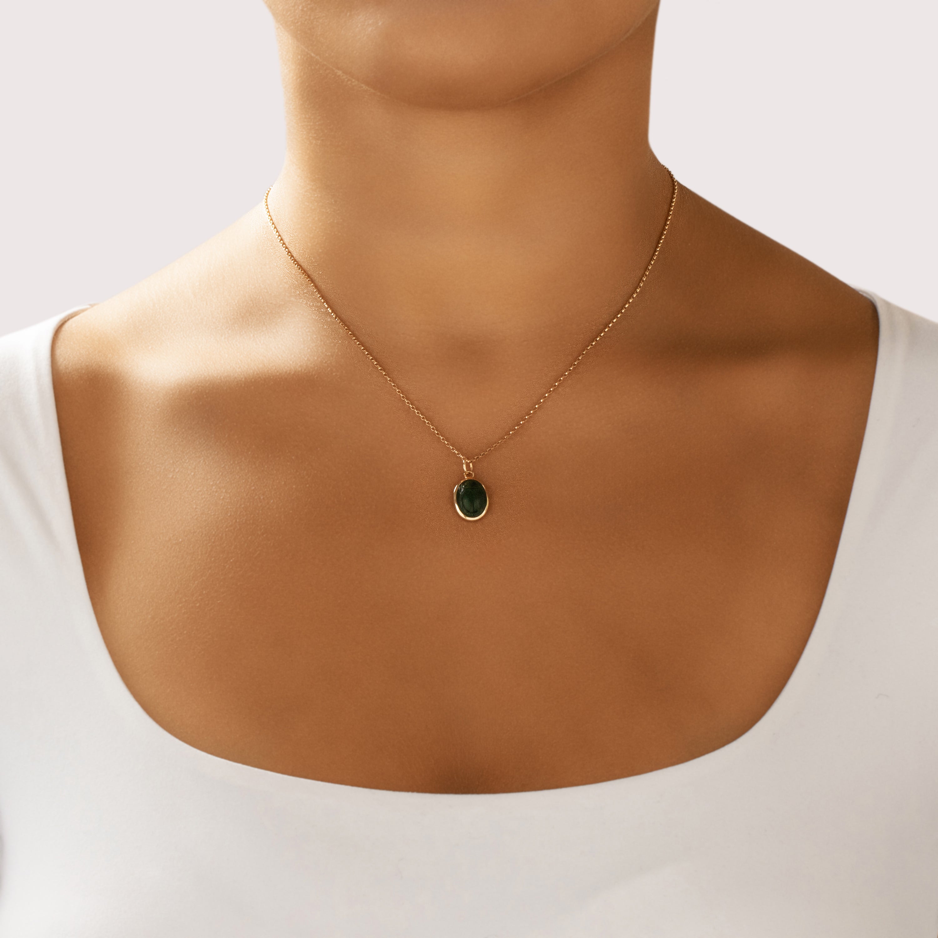 Vintage 10k & 14k Yellow Gold 3.76ct Jade Incredible Carved Scarab Charm / Pendant - On model view