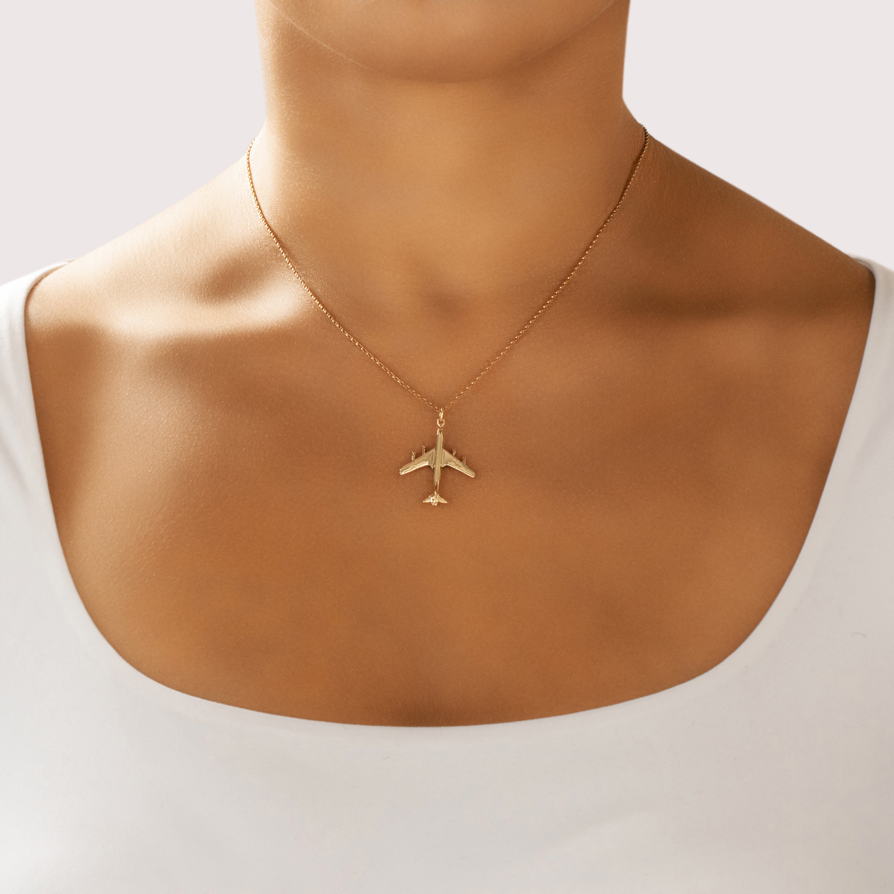 Vintage 14k Yellow Gold 707 Airplane Charm / Pendant - On model view