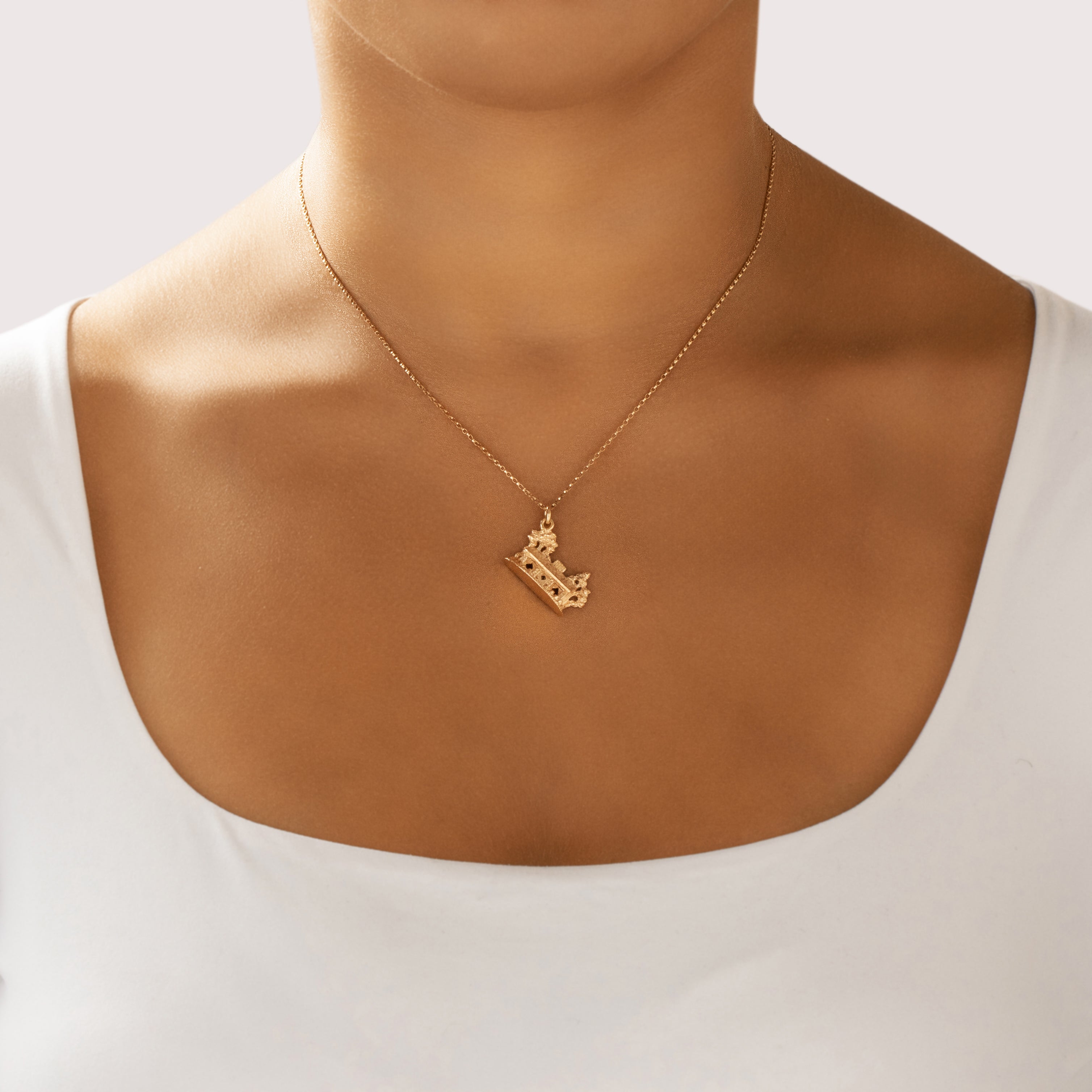 Vintage 14k Yellow Gold Dimensional Romantic Cabin Charm / Pendant - On model view