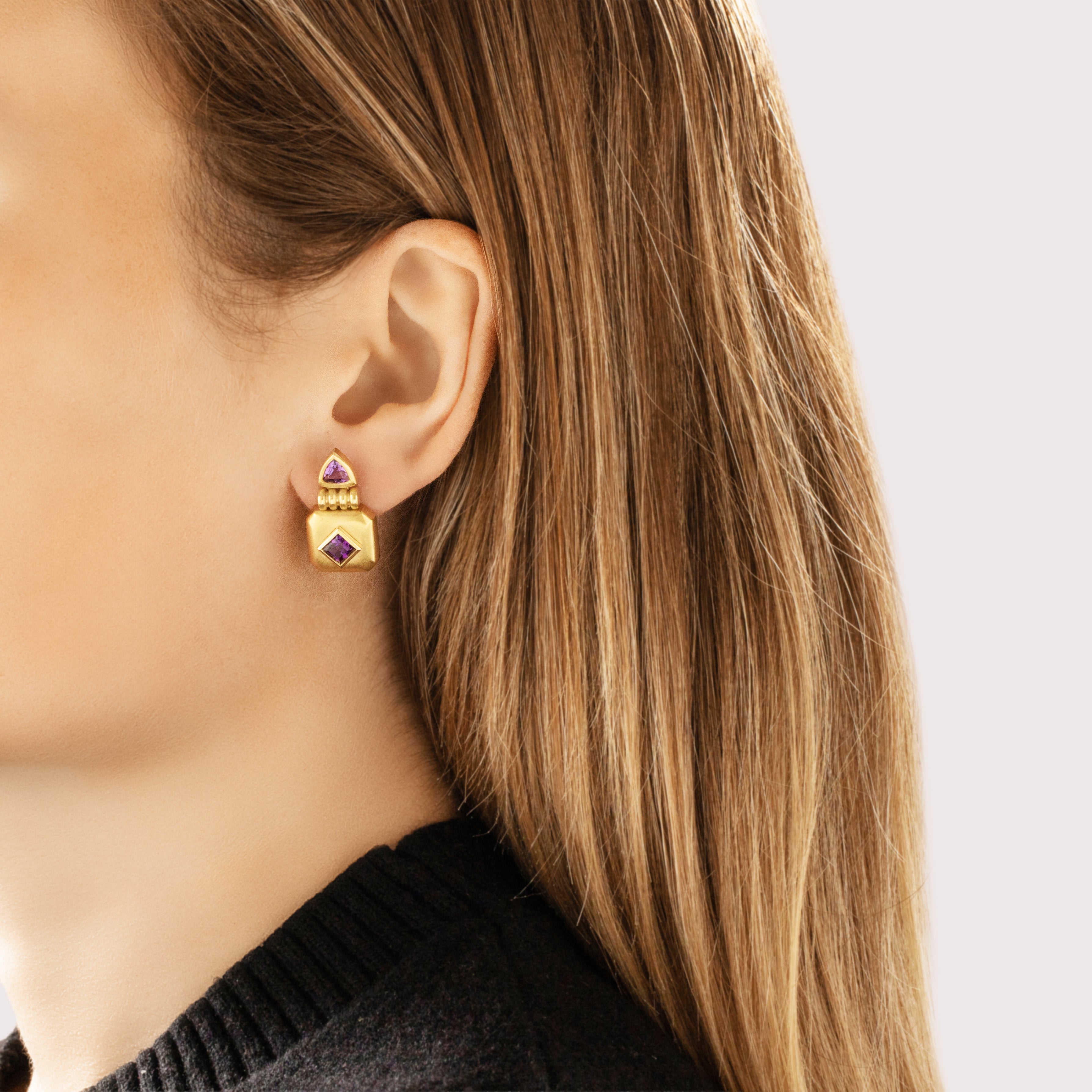 Vintage Heavy 18k Yellow Gold 1.75cttw Amethyst Geometric Stack Stud Earrings - On model view