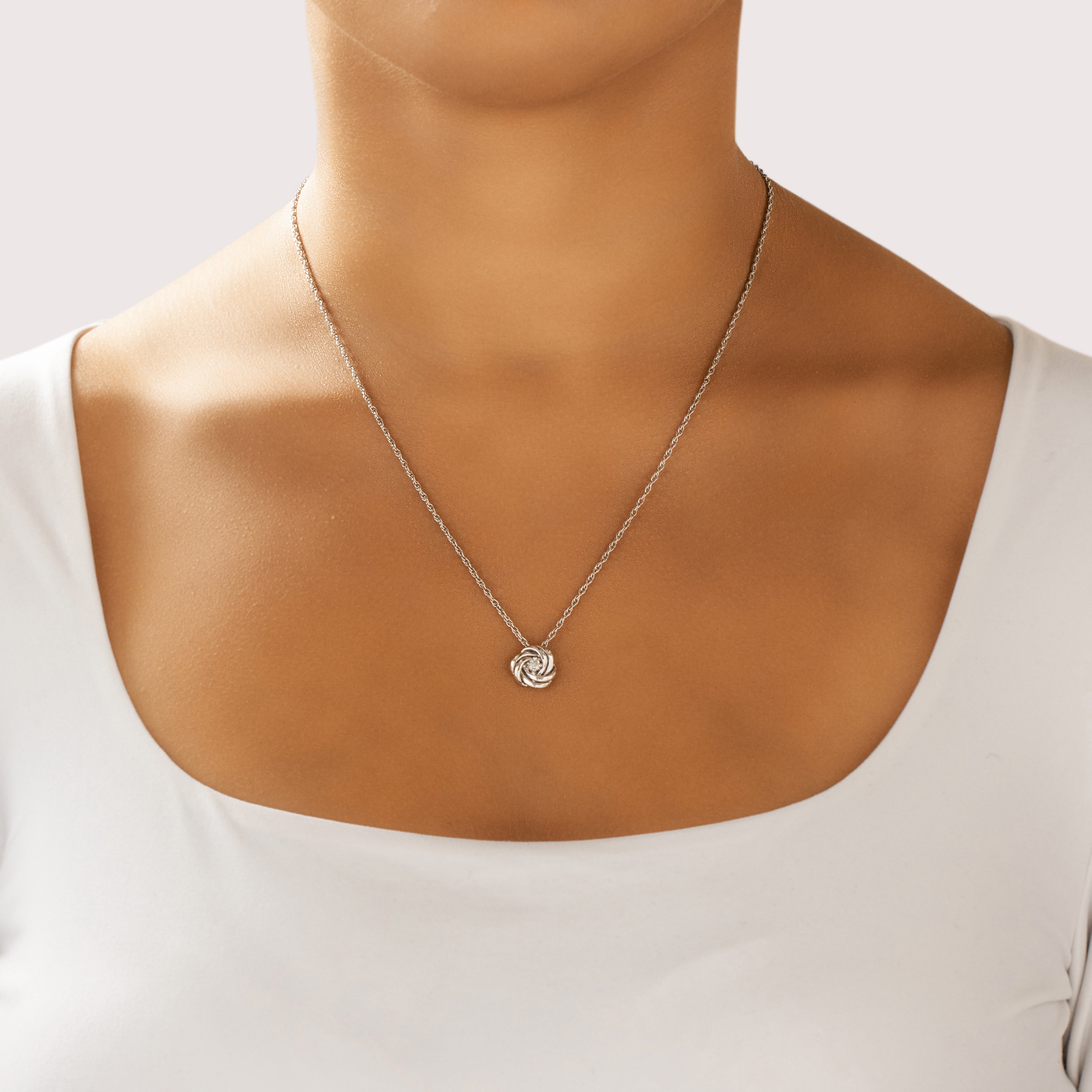Vintage 14k White Gold Diamond Twisted Rosette Pendant - On model view