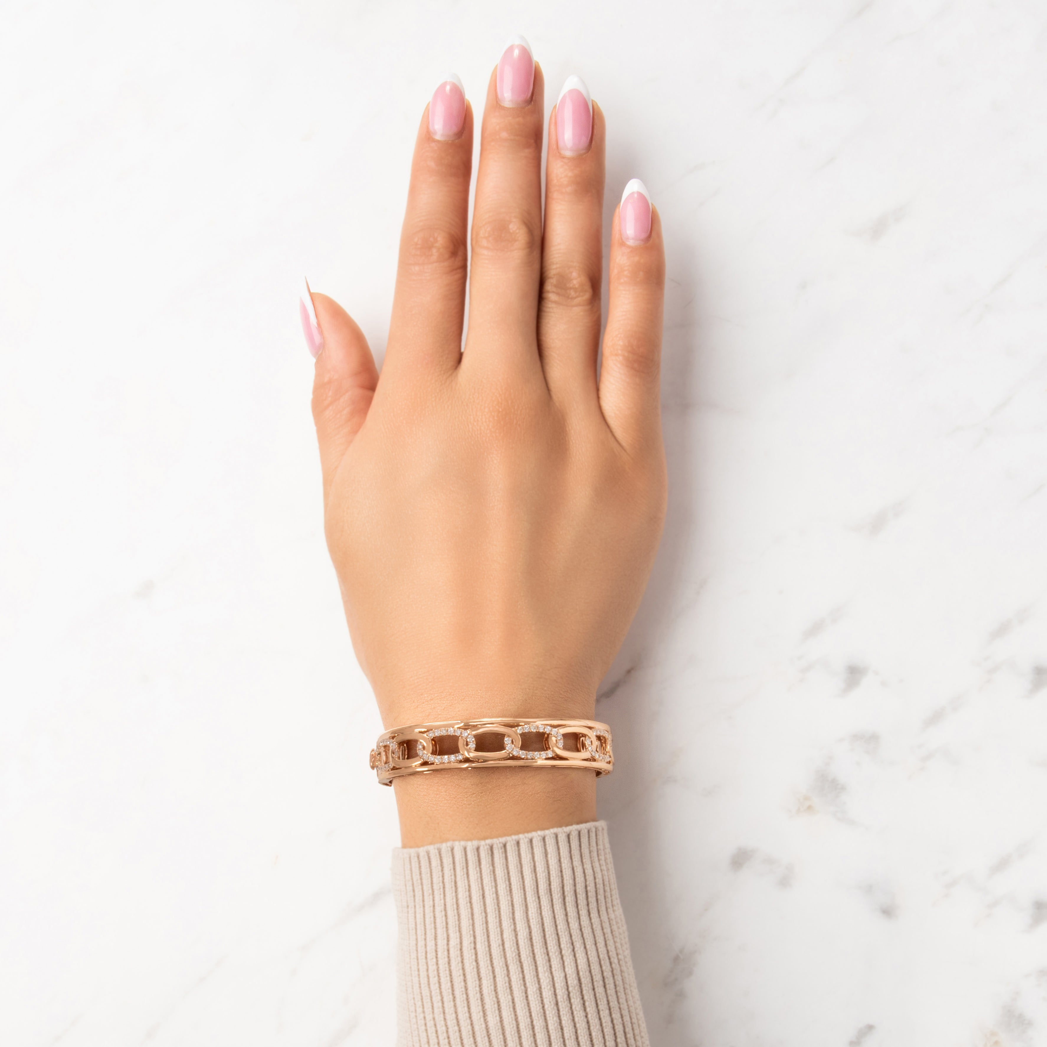 Estate Substantial 18k Rose Gold 1.03cttw Diamond Glittering Oval Link Bangle Bracelet - On model view