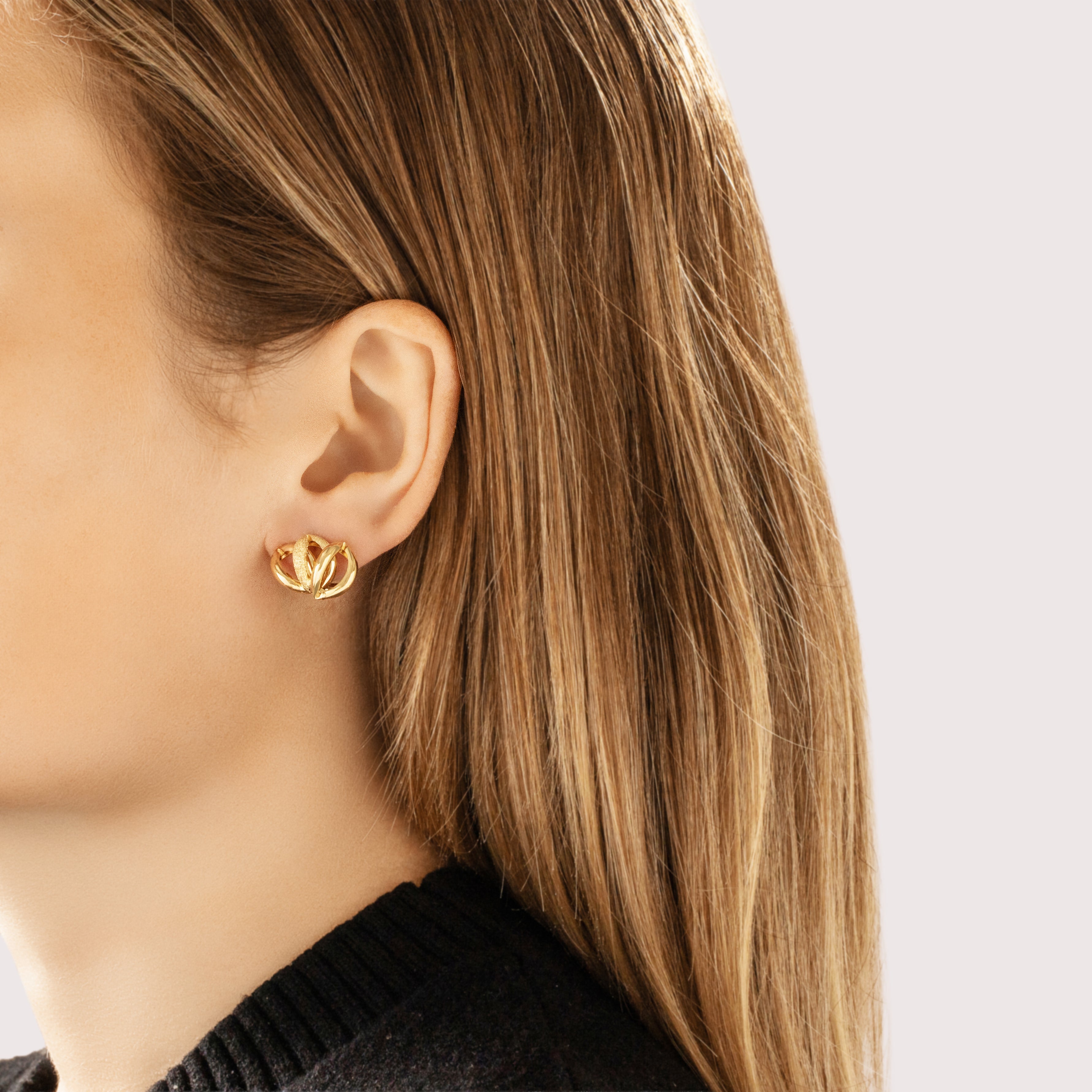 Vintage Italian 18k Yellow Gold Artistic Glittering Loop Omega-Back Earrings -On model view