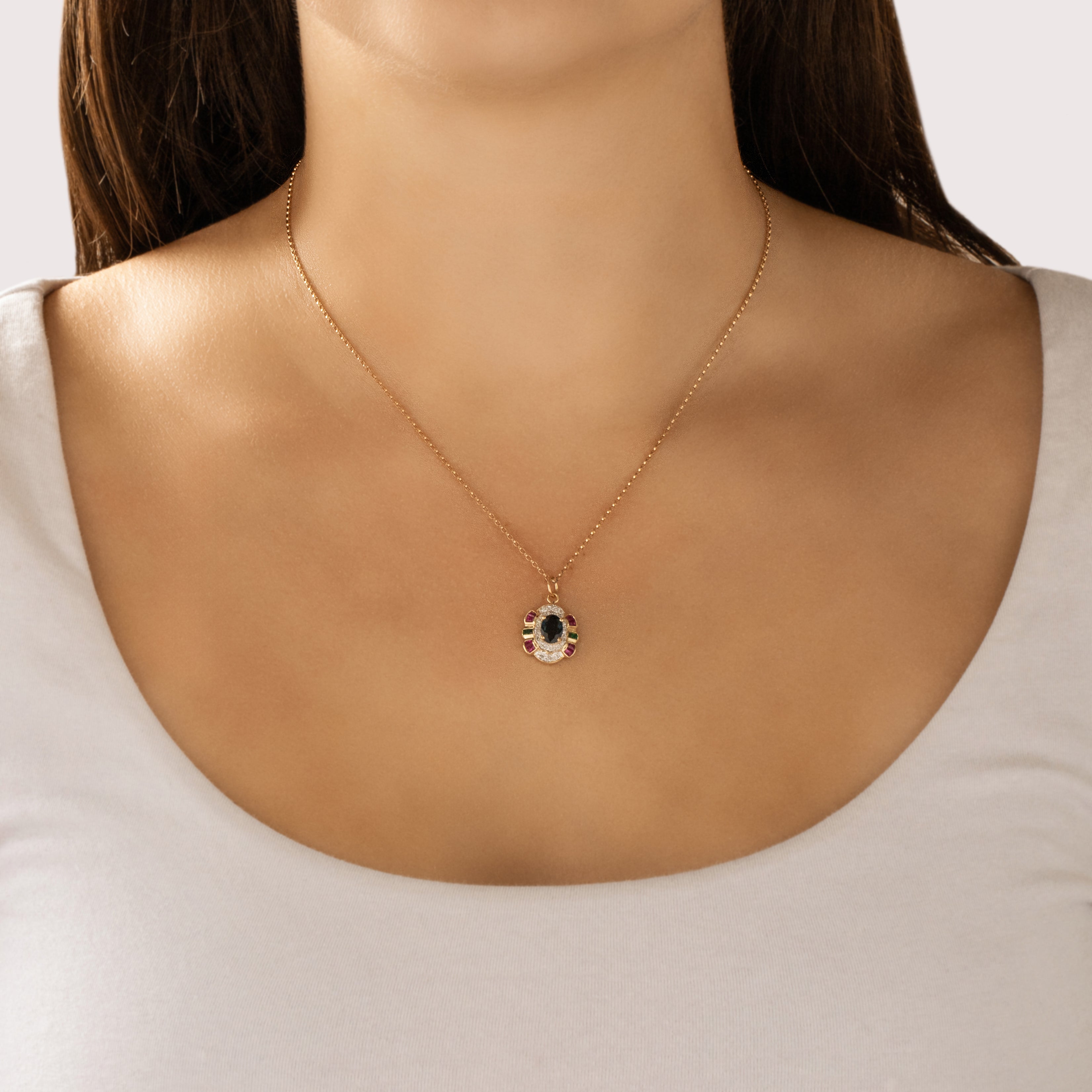 Vintage 14k Yellow Gold .89ct Sapphire Ruby Diamond Emerald Dazzling Scallop-Detail Pendant - On model view