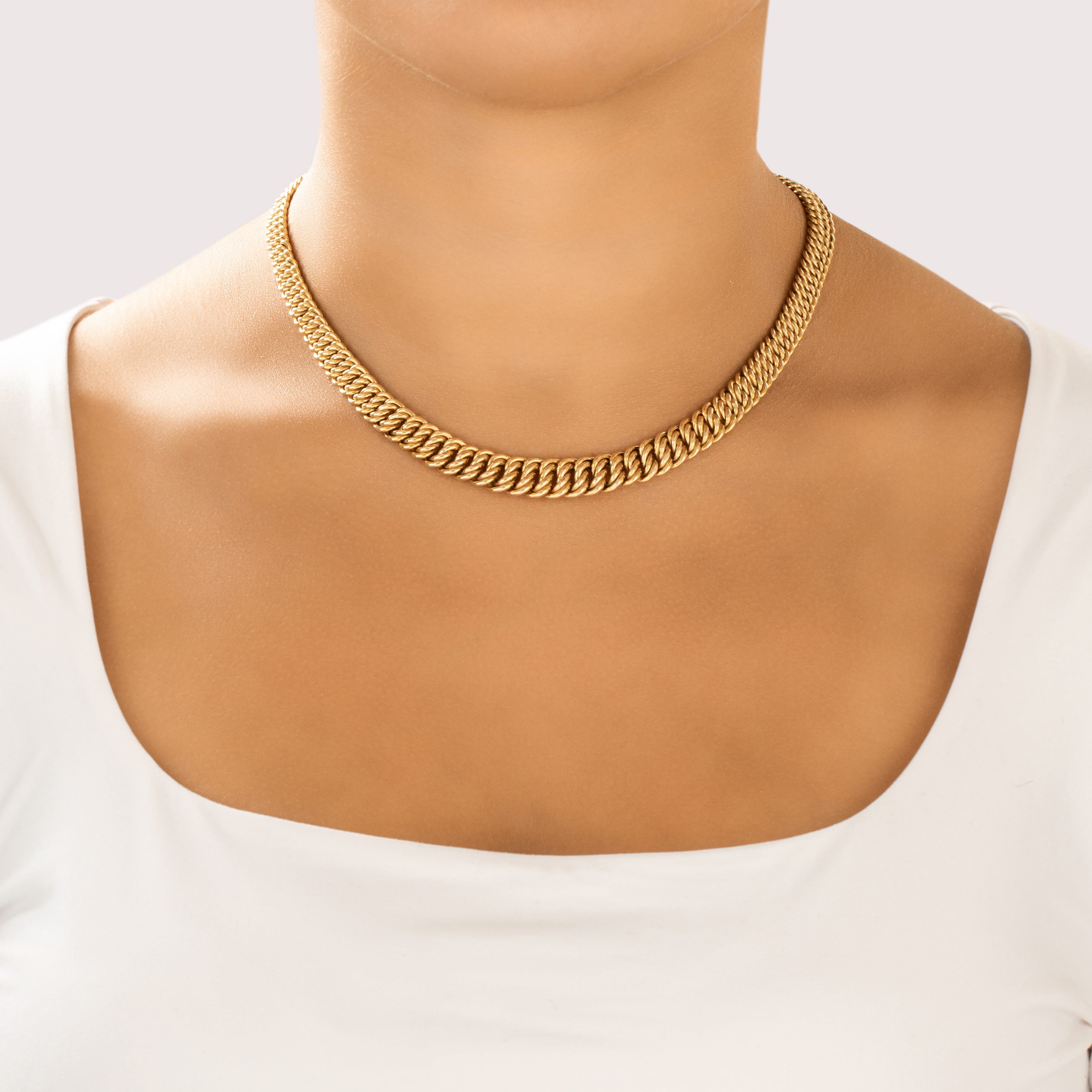 Vintage Italian 14k Yellow Gold Bold Graduated Flat Chain Necklace - On model view
