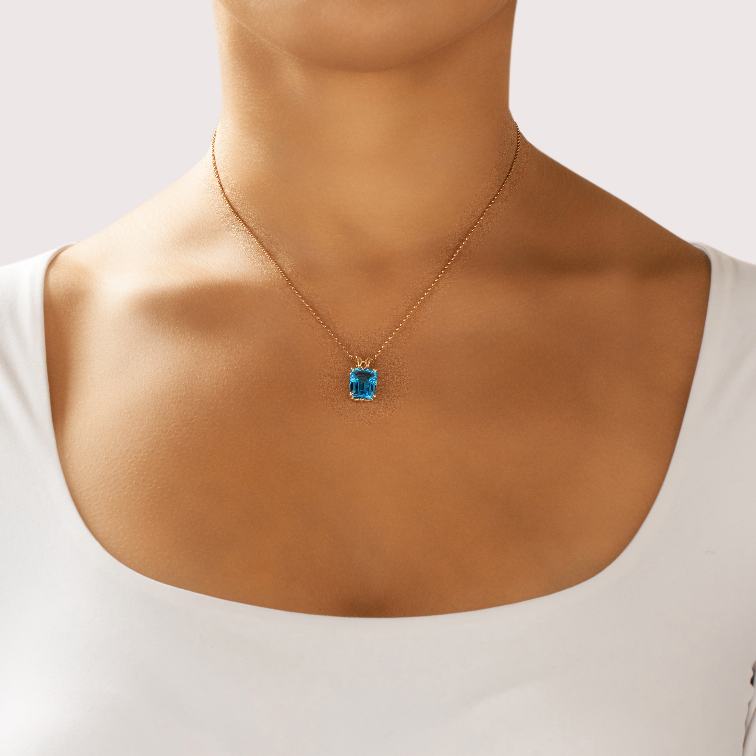 Vintage 14k Yellow Gold 6.34ct Swiss Blue Topaz Vibrant Standout Solitaire Pendant - On model view
