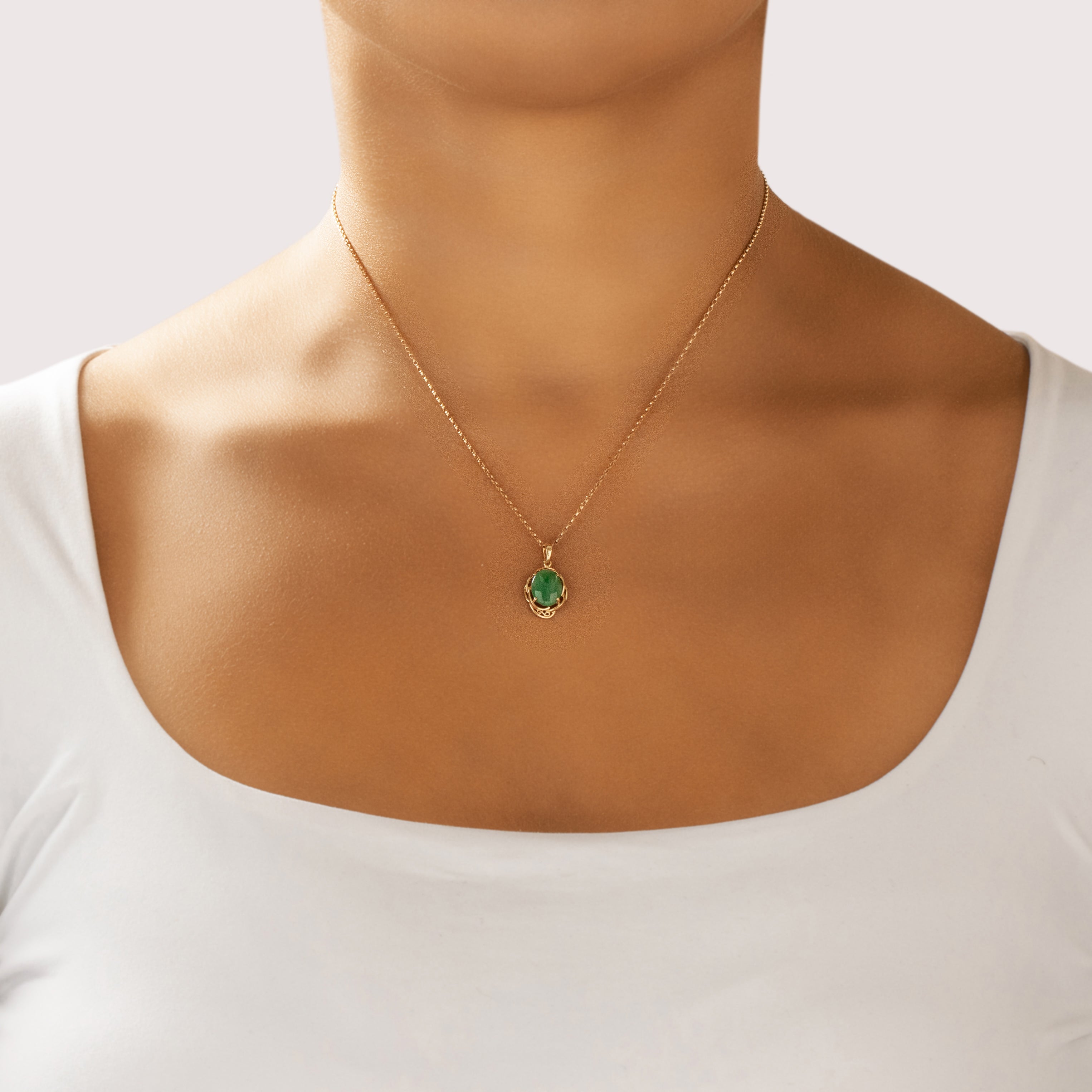 Vintage 18k Yellow Gold 1.12ct Jade Infinity Detail Framed Pendant - On model view