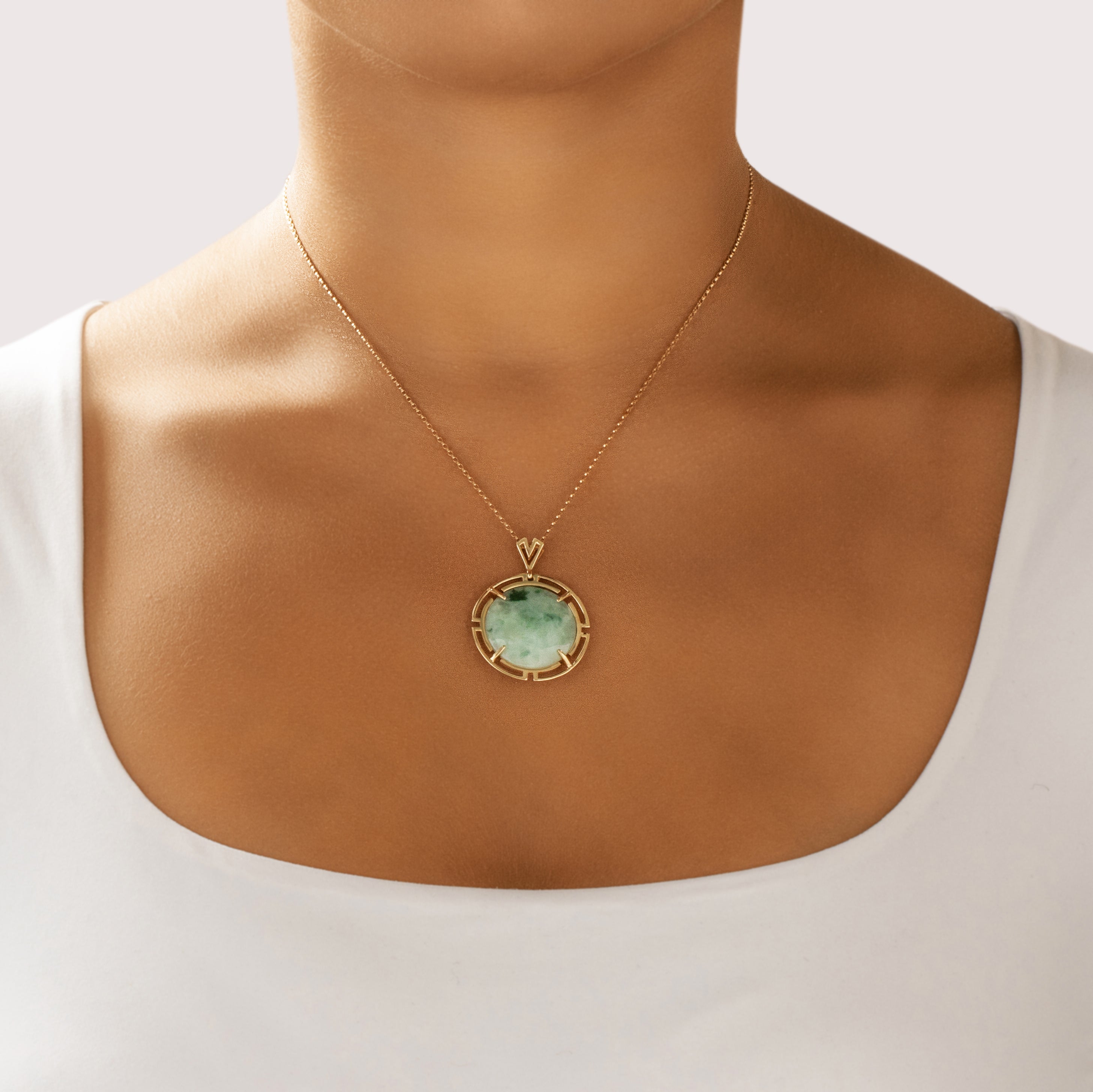 Vintage Large 14k Yellow Gold 25.15ct Jade Open Geometric Medallion Pendant - On model view
