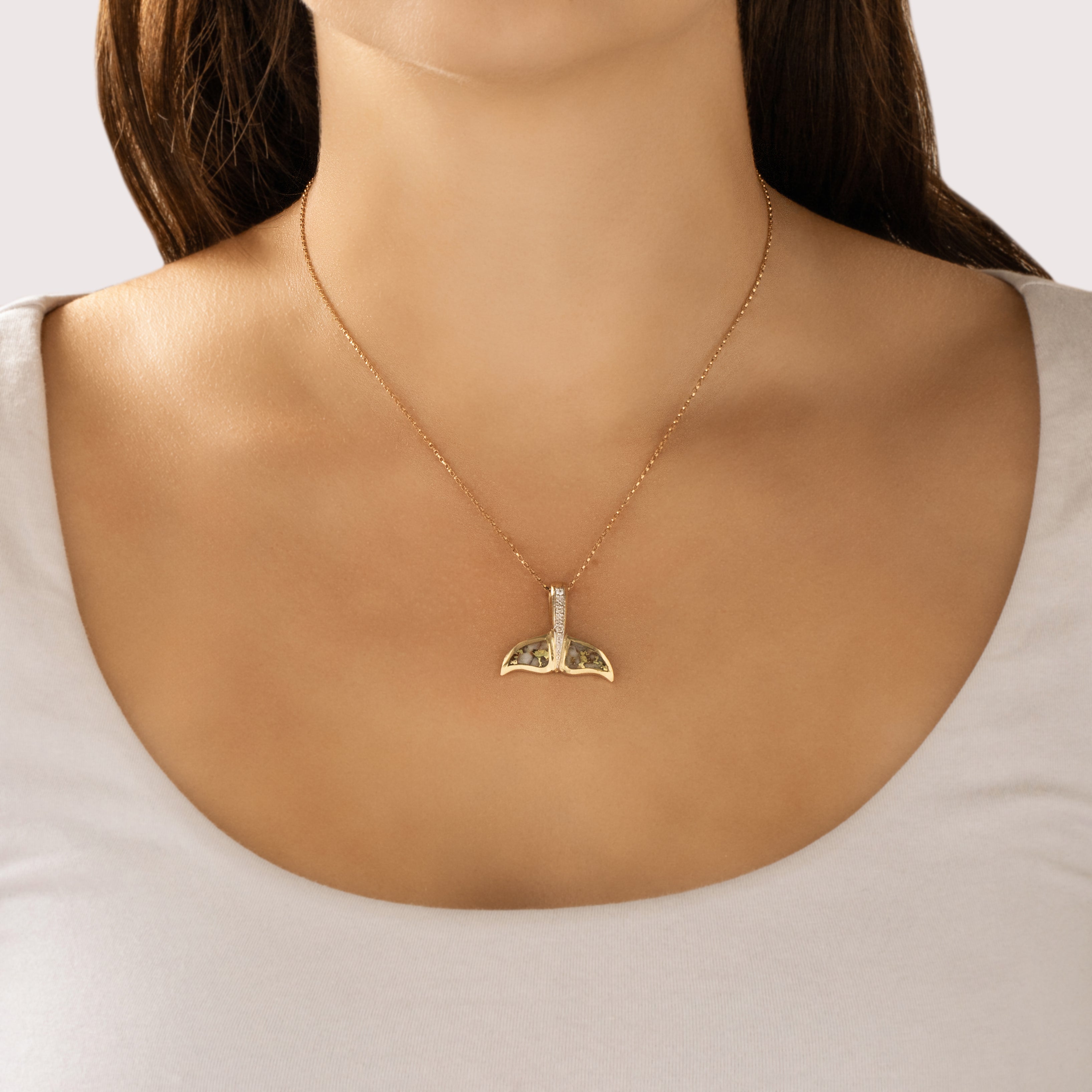 Vintage 14k Yellow Gold Diamond Gold Vein Quartz Gleaming Nautical Whale Tail Slide Pendant - On model view