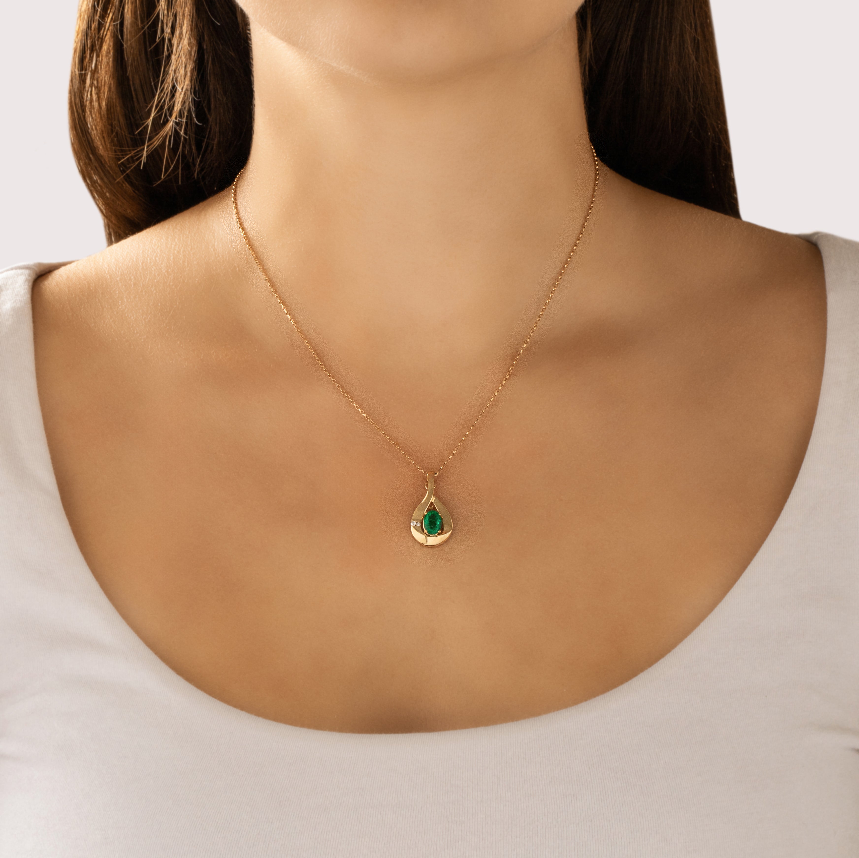 Vintage 14k Yellow Gold .86ct Emerald Diamond Swirling Asymmetrical Vivid Enhancer Pendant - On model view
