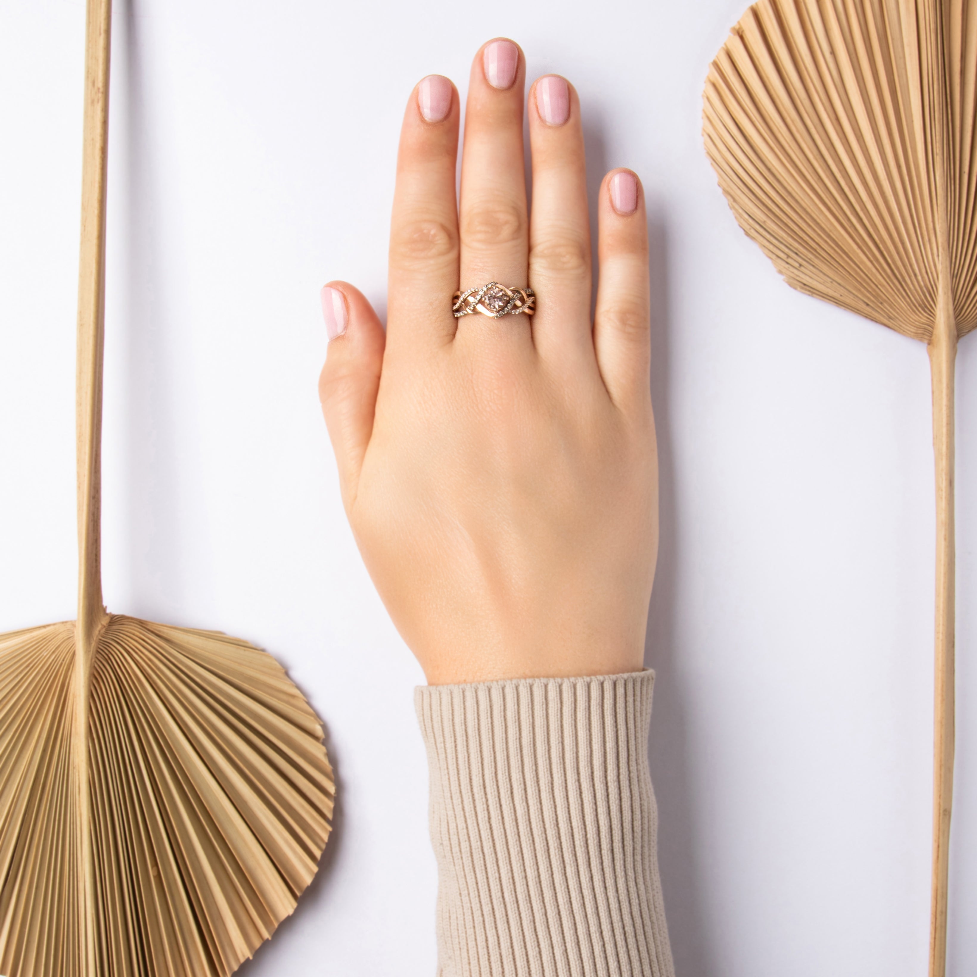 Estate 14k Rose Gold .7ct Morganite Champagne Diamond White Diamond Sparkling Intertwined Shoulder Ring - On model view