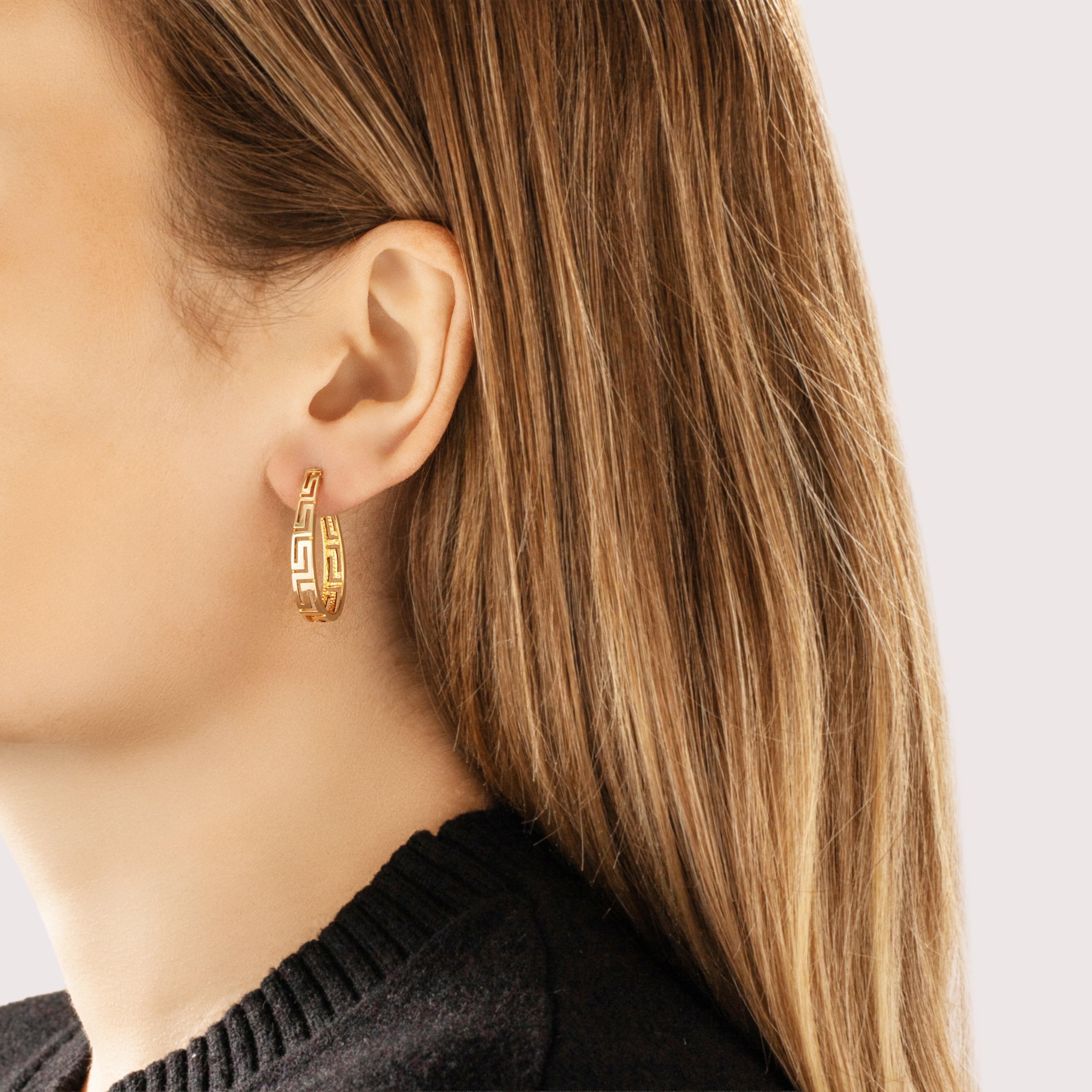 Vintage 14k Yellow Gold Chic Elongated Open Greek Key Stud Hoop Earrings - On model view