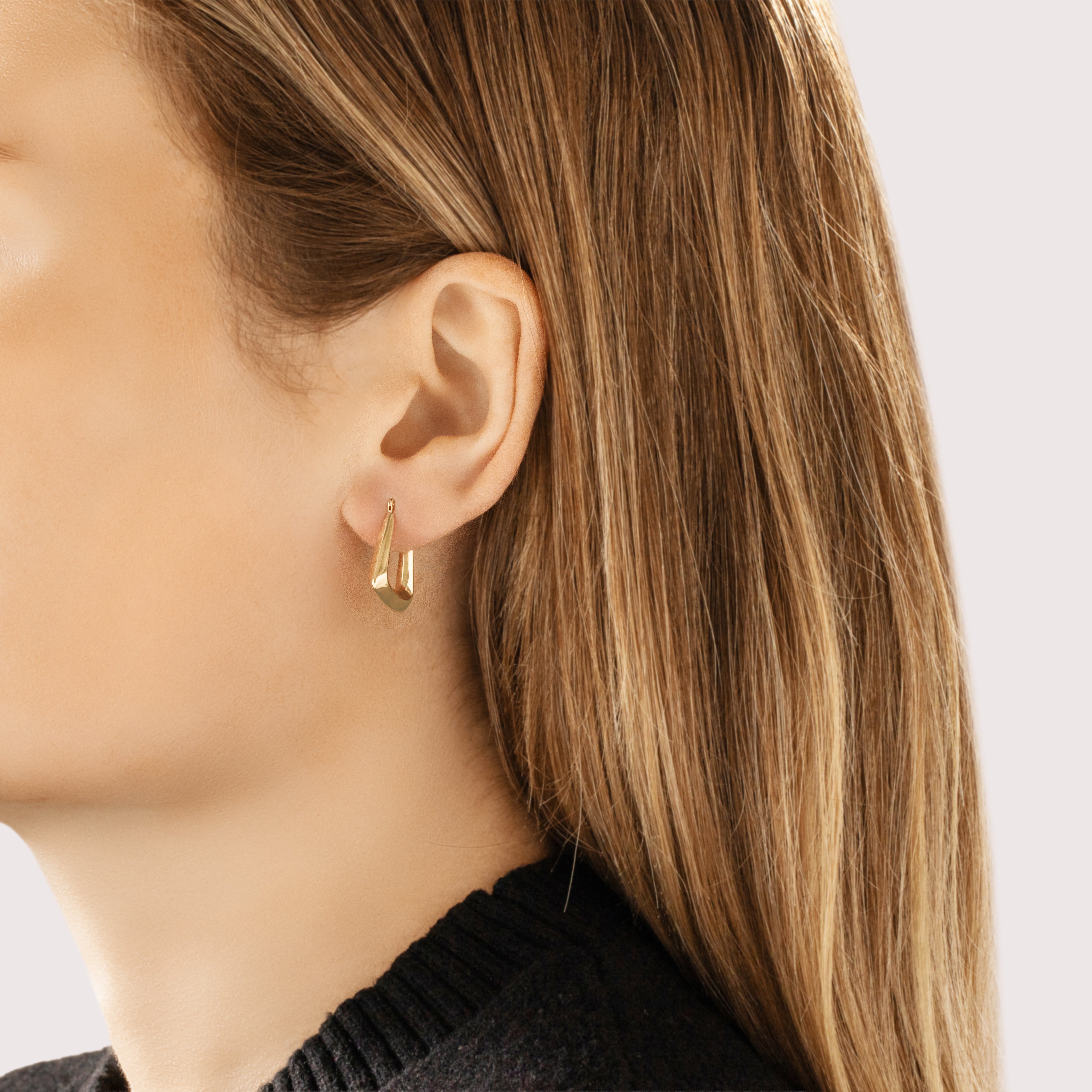 Vintage 14k Yellow Gold Geometric Puffy Hoop Earrings - On model view