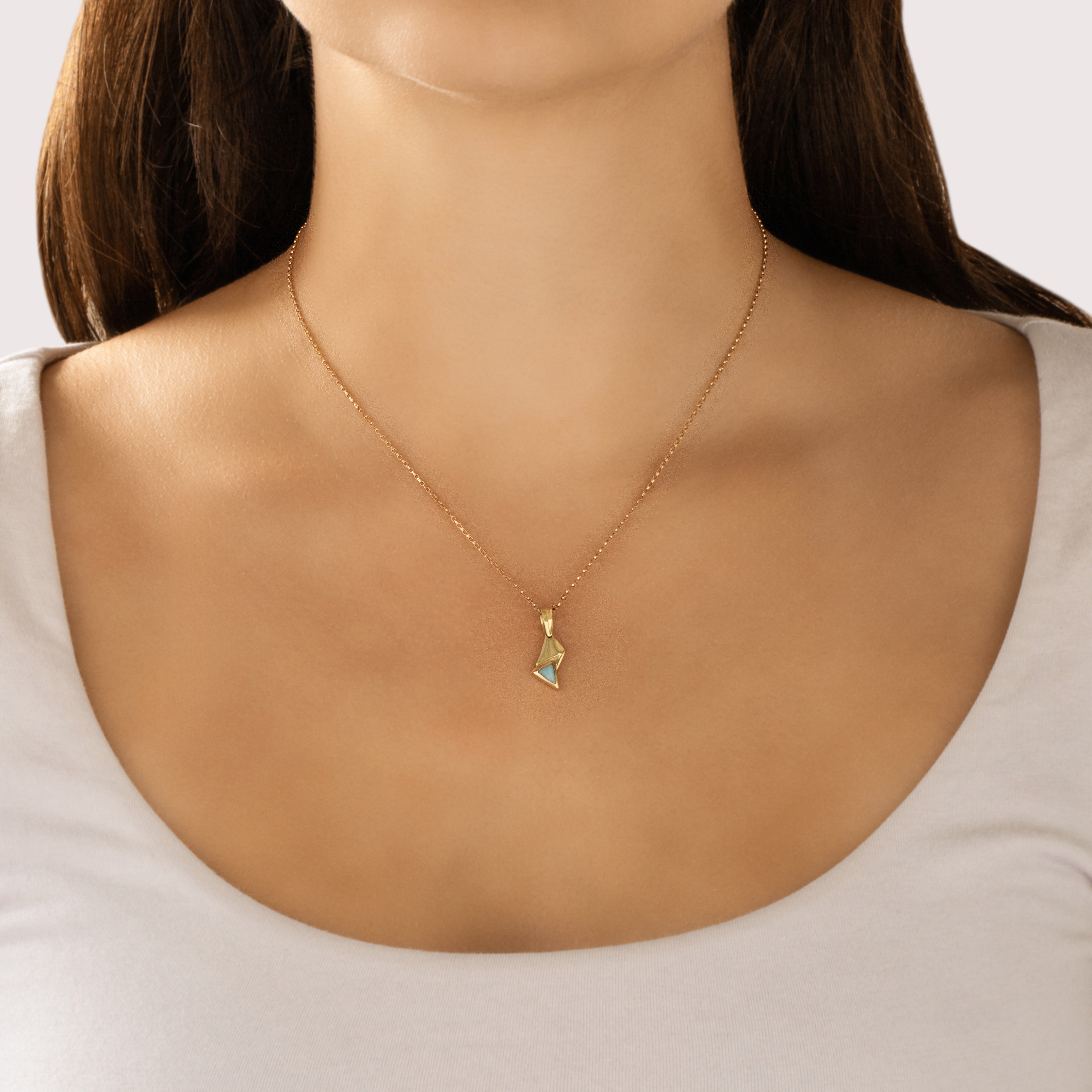 Vintage 14k Yellow Gold Larimar Funky Geoemtric Pendant - On model view