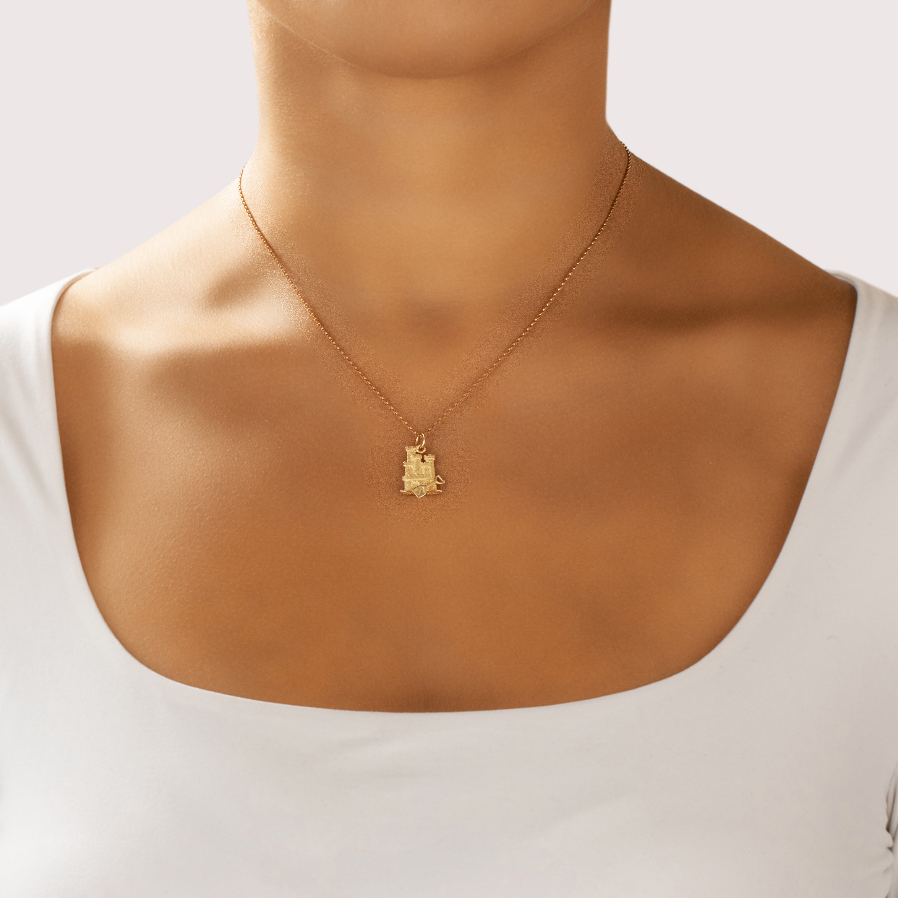 Vintage 14k Yellow Gold Playful Summertime Sandcastle Charm / Pendant - On model view