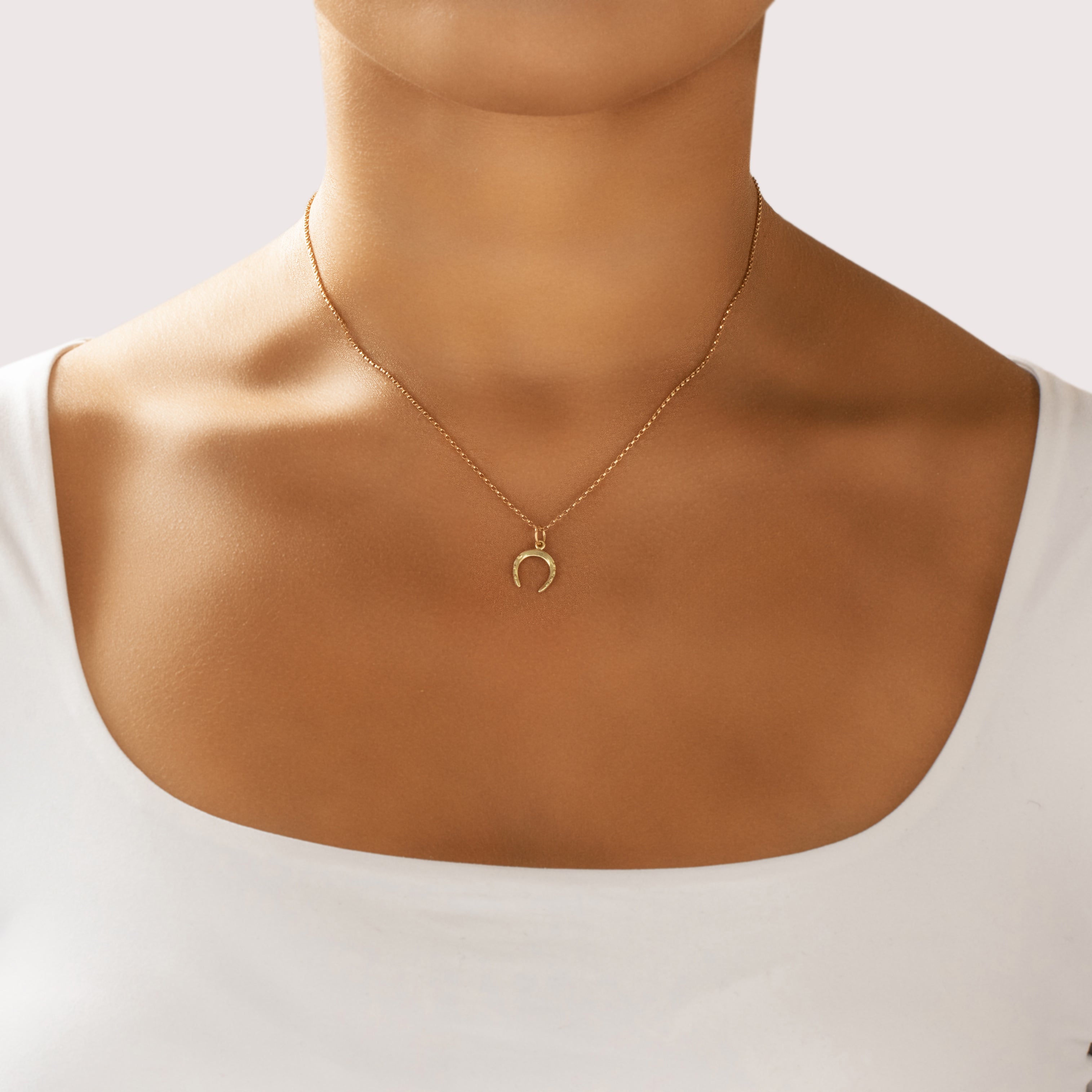 Vintage Lightweight 14k Yellow Gold Lucky Horseshoe Charm / Pendant - On model view