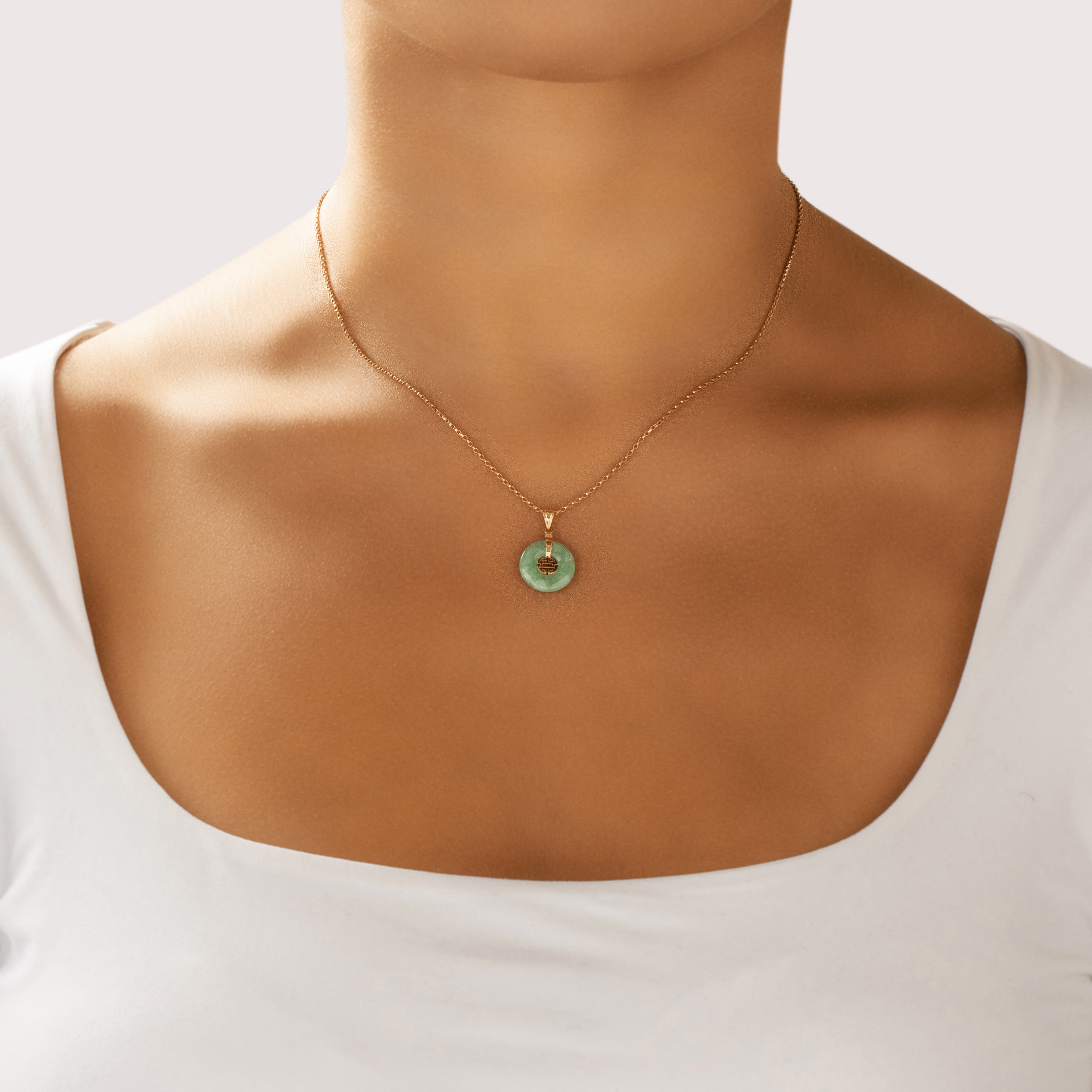 Vintage 14k Yellow Gold Jade Carved Disc Pendant - On model view