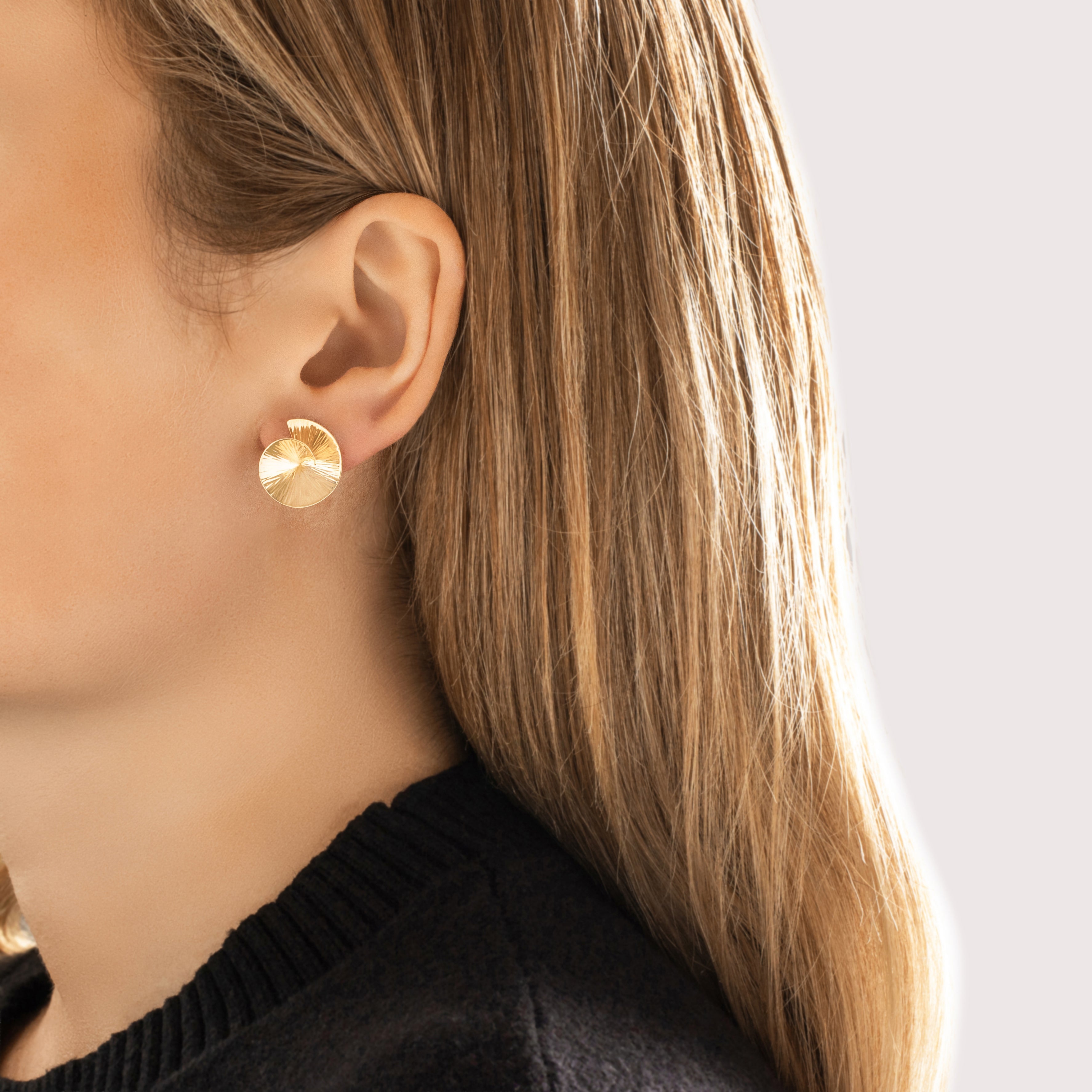 Vintage 14k Yellow Gold Sleek Textured Spiral Stud Earrings - On model view