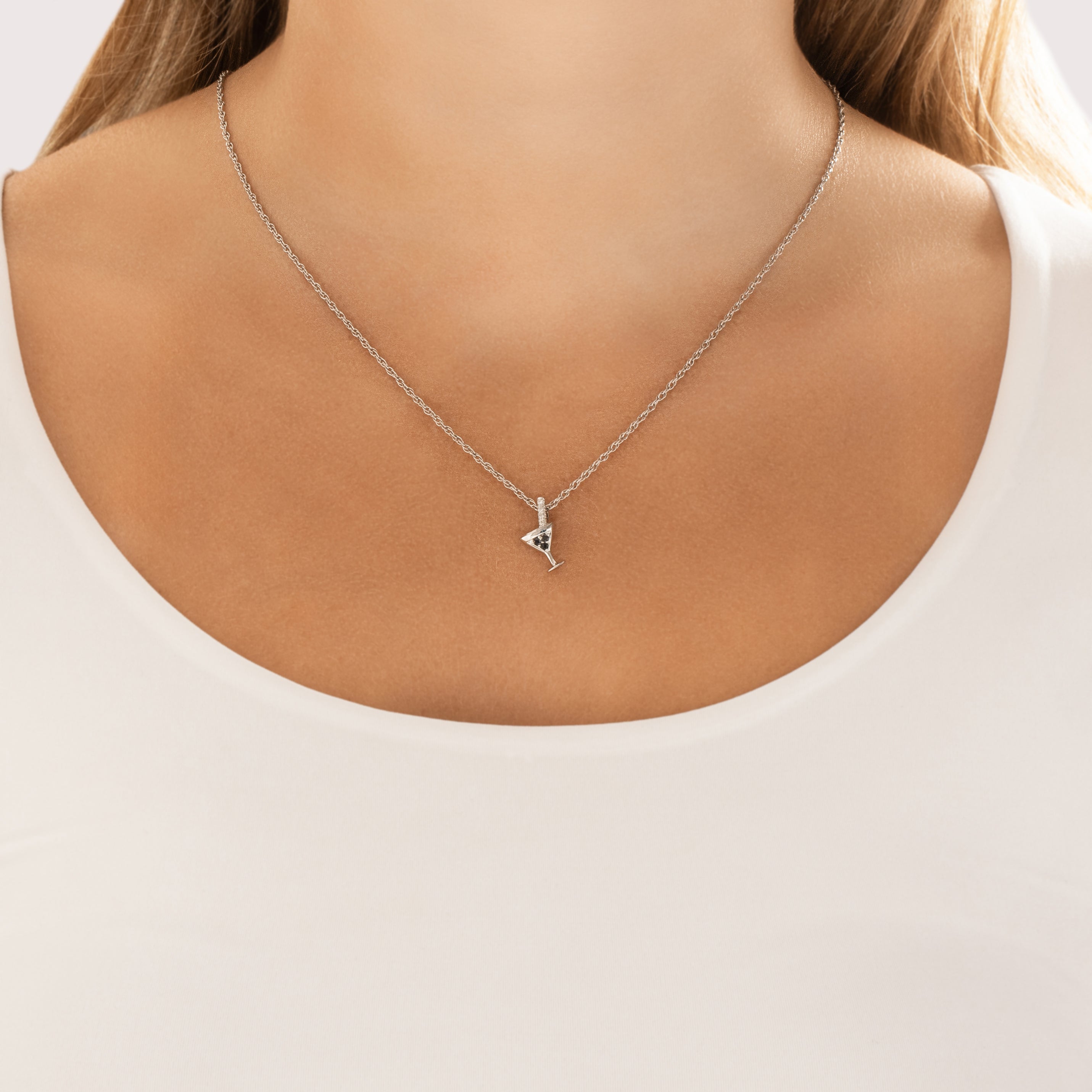Vintage Small 14k White Gold Black Diamond White Diamond Chic Martini Glass Pendant - On model view