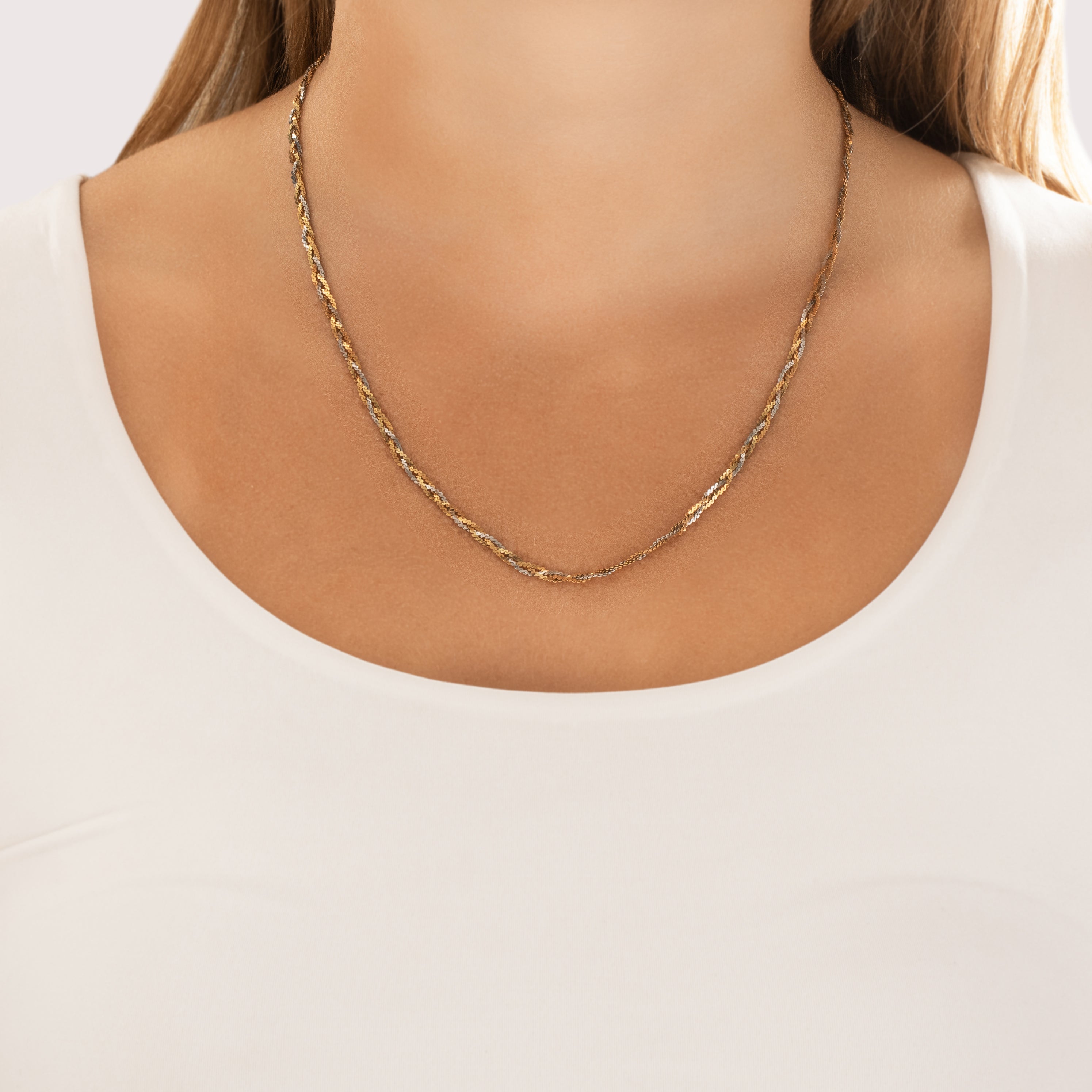 Vintage Italian 14k Yellow & White Gold Braided Serpentine Chain Necklace - On model view