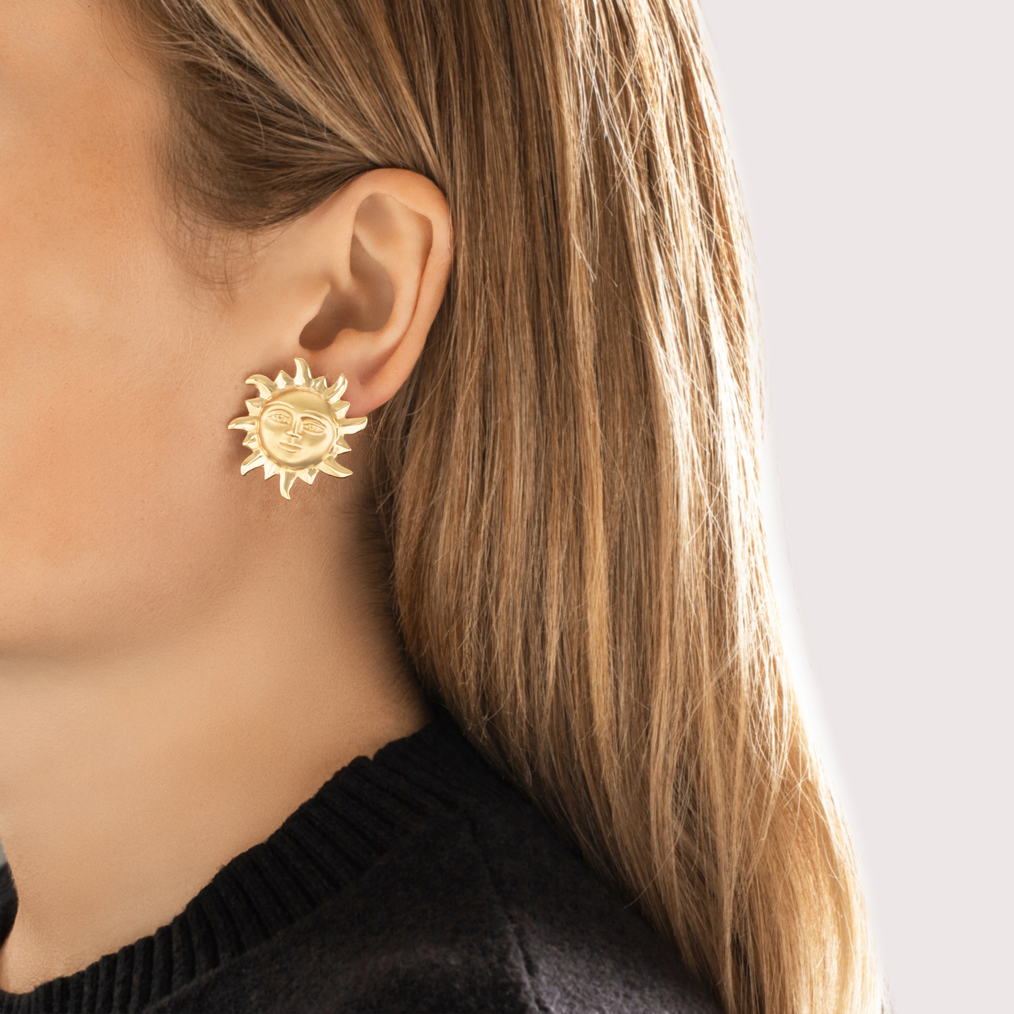 Vintage 14k Yellow Gold Oversized Whimsical Waving Sun Statement Earrings - On model view