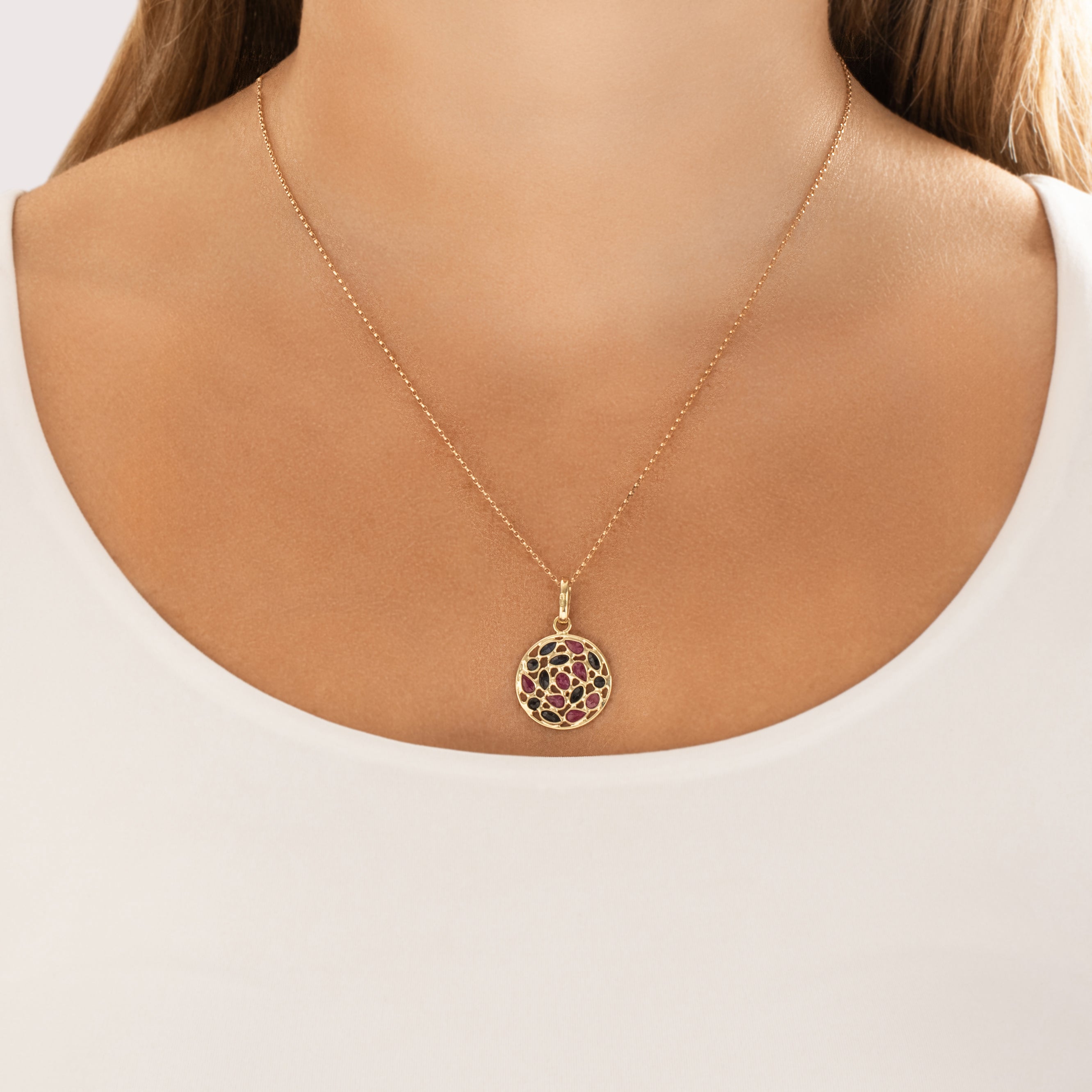Vintage Italian 14k Yellow Gold 1.06cttw Ruby .87cttw Blue Sapphire Multi-Cut Confetti Medallion Pendant - On model view
