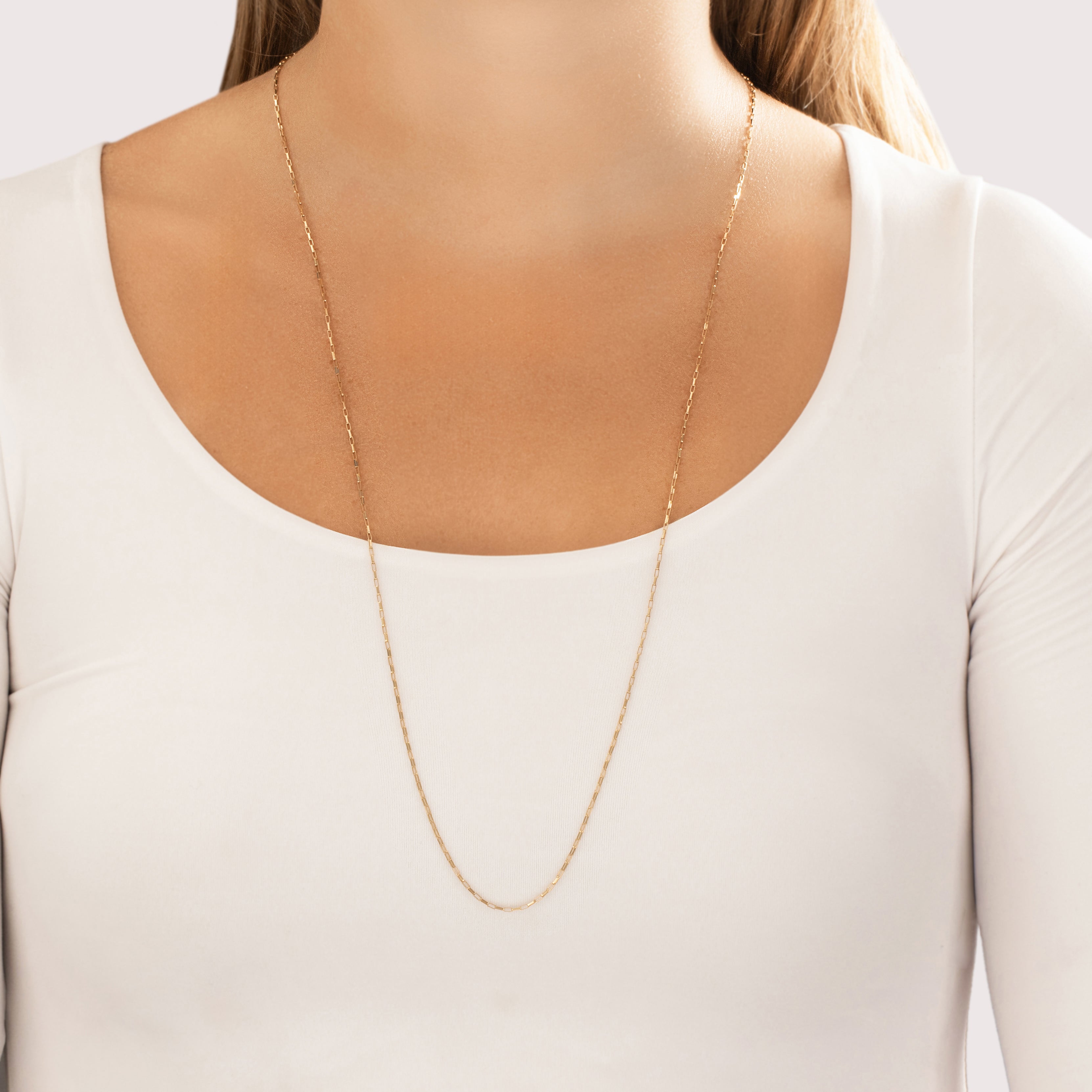 Vintage Italian 14k Yellow Gold 1.2mm Sleek Long Delicate Rectangular Link Chain - On model view