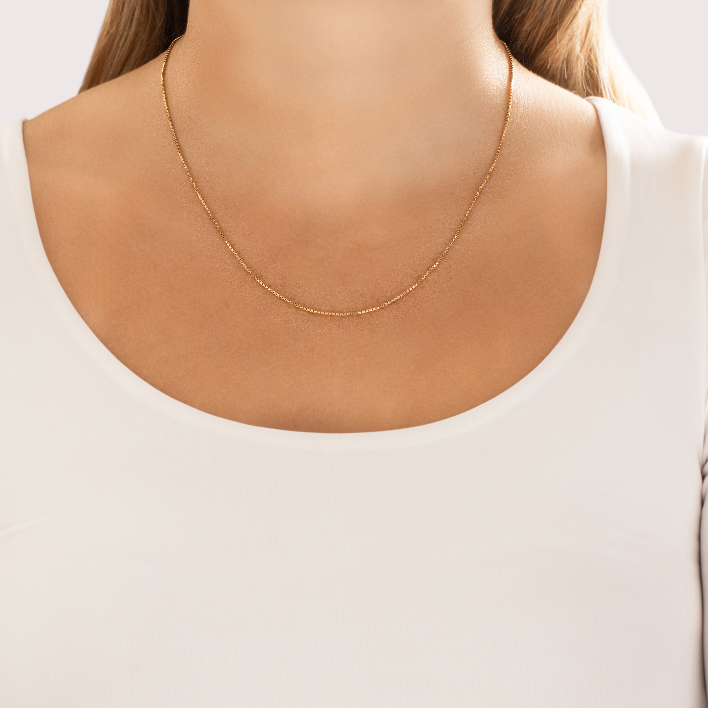 Vintage Italian 14k Yellow Gold 1.2mm Sleek Box Chain - On model view