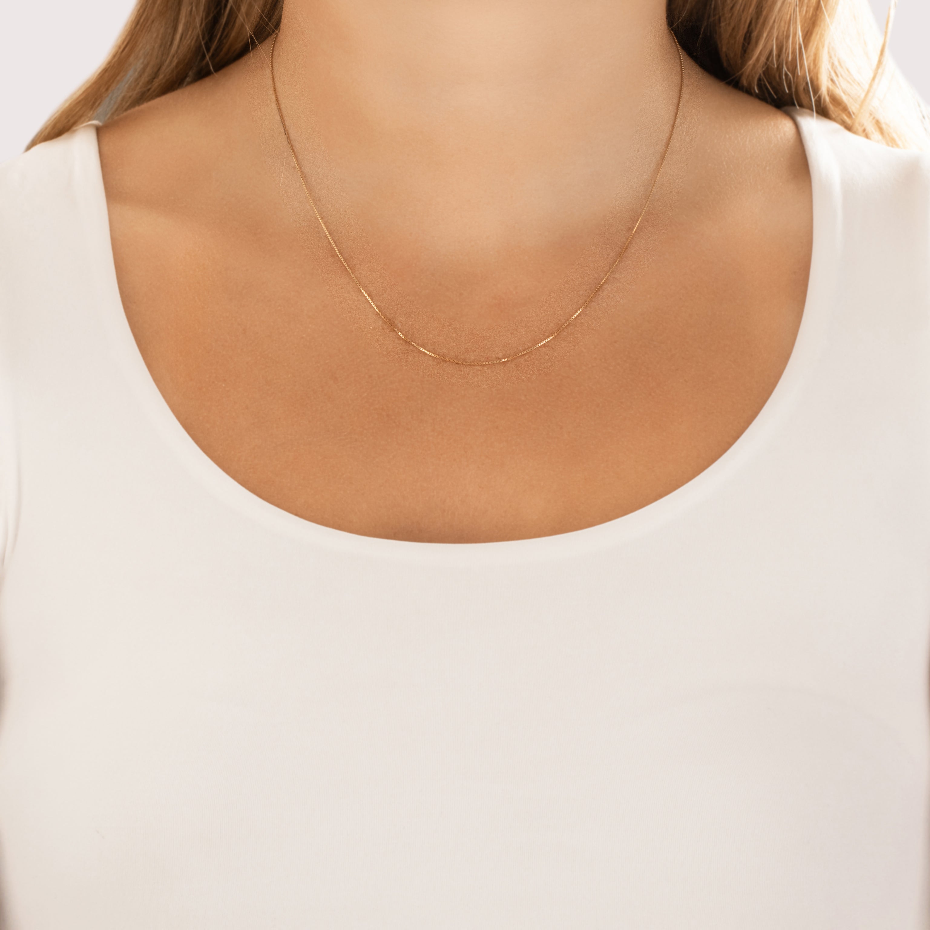 Vintage 14k Yellow Gold .7mm Delicate Box Chain - On model view